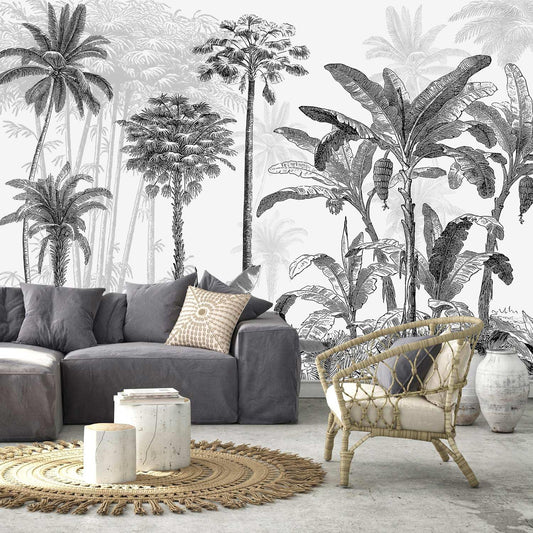 AFZEVEB-Black and White Jungle Wallpaper Hand-Painted Tree Wall murals for Bedroom 114"x74" (Not Peel and Stick)