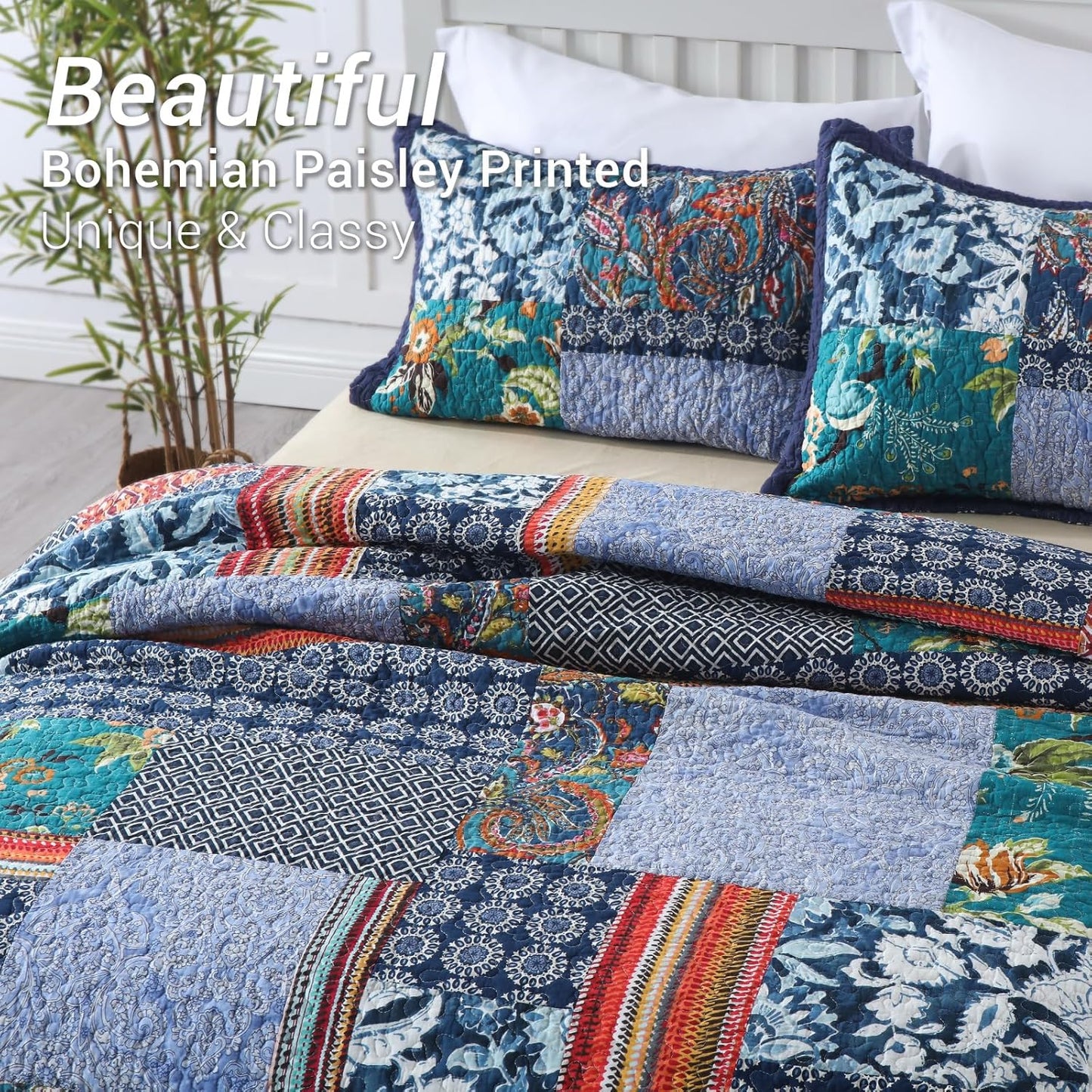 Yvooxny California King Quilt Set Reversible Lightweight Bohemian Paisley Patchwork Cotton Quilted Bedspread Coverlet Set 3-Piece Quilt Set with Pillowcases for All Seasons, 118 x 110 Inches