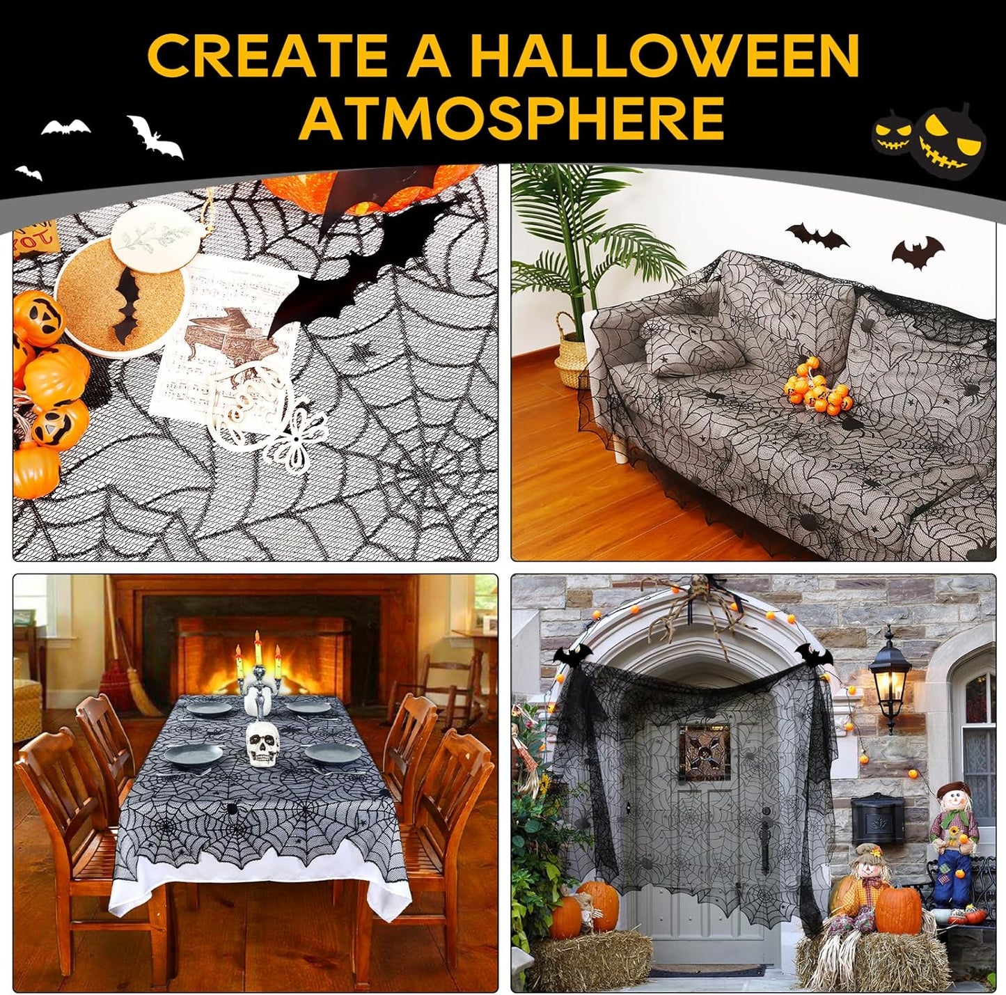 eZAKKA Halloween Table Cloth, 54" x 72" Spider Webs Tablecloths Black Tablecloth Lace Fabric Table Cloths Spooky Cover