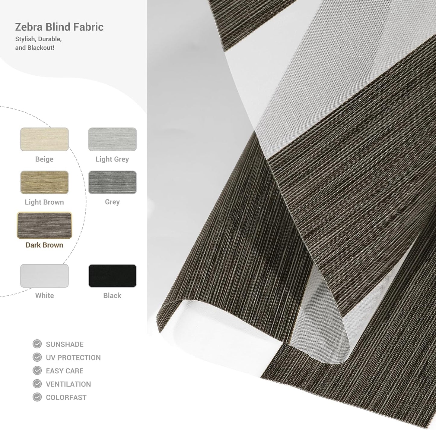 Cordless Zebra Blinds for Windows, Blackout Interior Blinds,Easy to Install,UV Protection,for Offices and Home,Custom Roller Shades, Mousse Dark Bown,84" W x 64" H