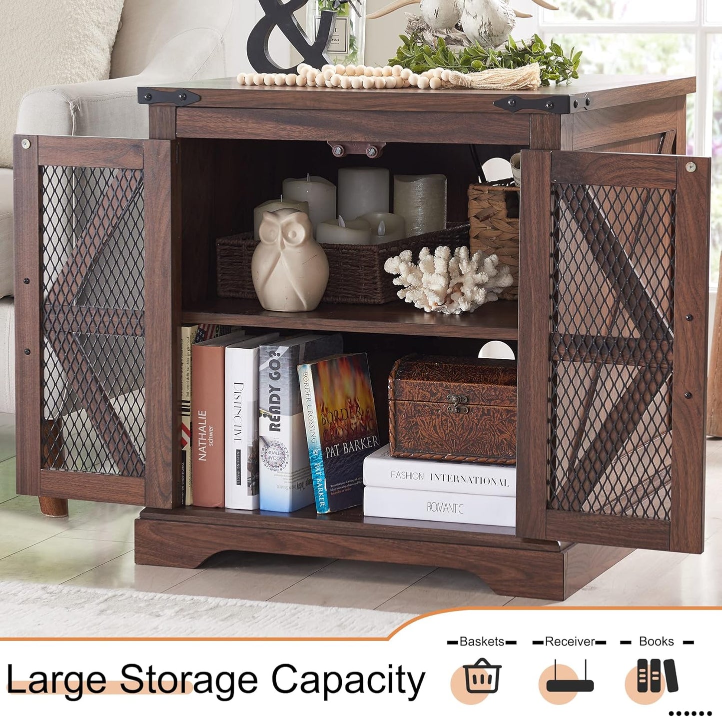 JXQTLINGMU Farmhouse End Table, 24" Large Sofa Side Table with Charging Station, Mesh Barn Door, and Adjustable Storage Shelf, Rustic Wood Square Nightstand for Living Room, Bedroom, Office, Brown