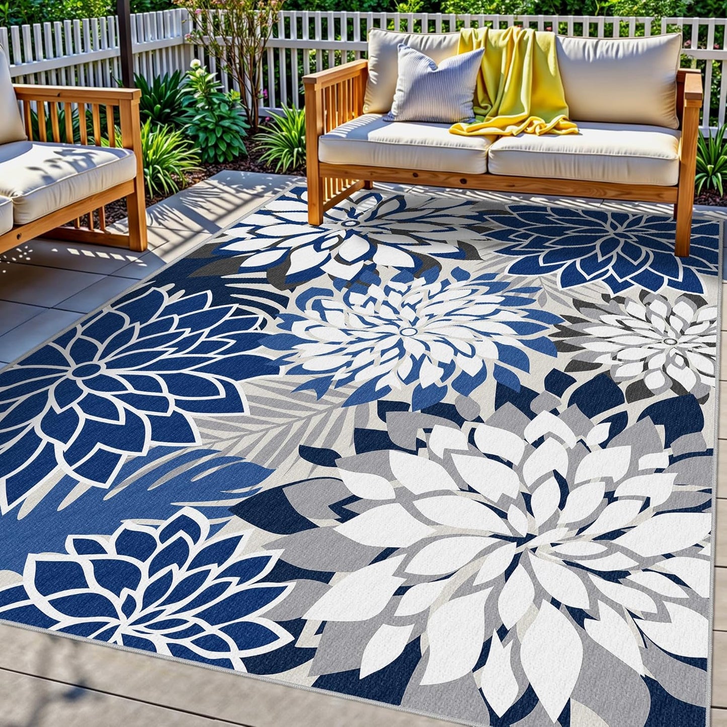 Indoor Outdoor Area Rug Washable Multicolored Patio Rug Tropical Botanical Modern Floral Indoor Outdoor Carpet Blue White Rug Non Slip for Patio, Deck, Backyard, Porch (8x10)