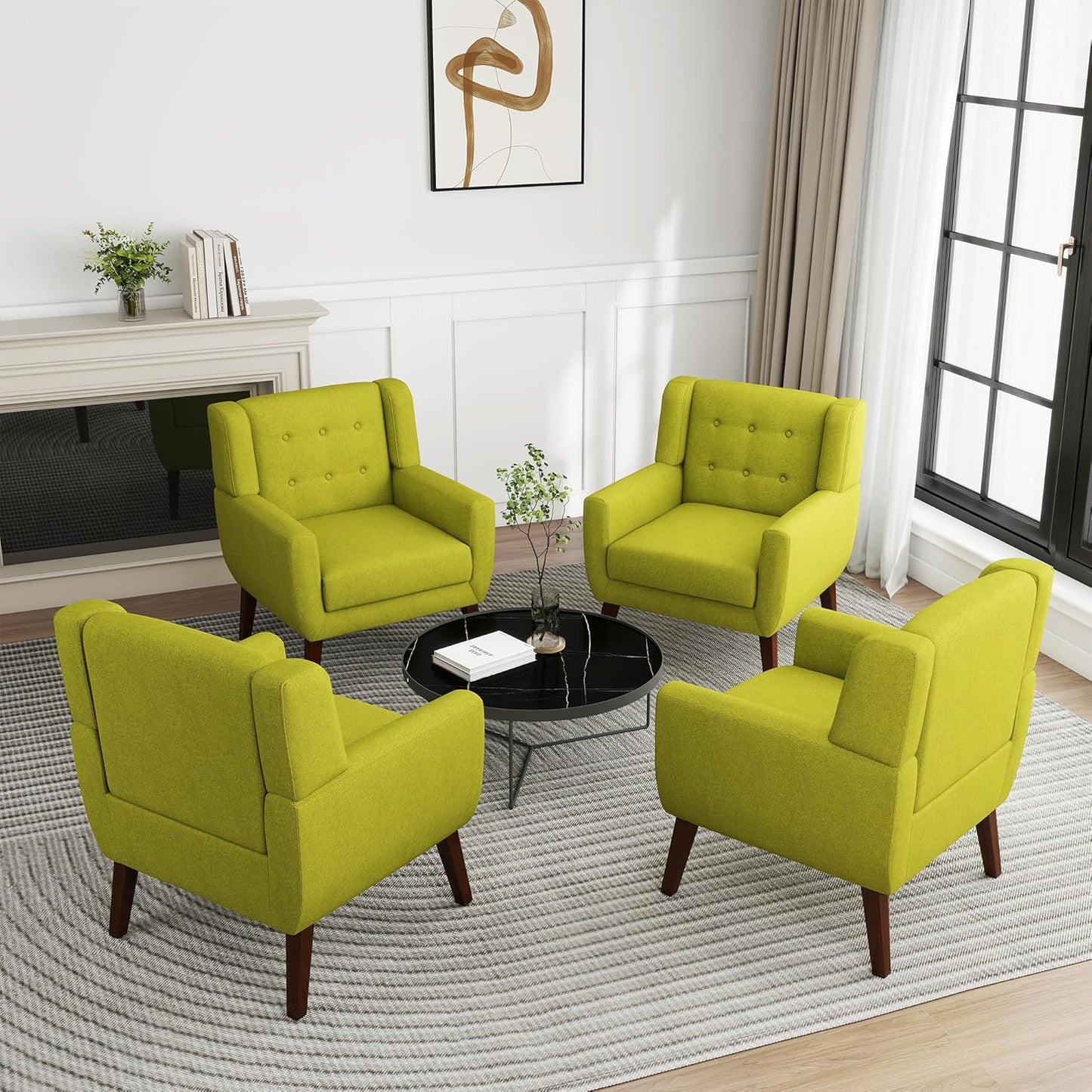 UIXE Accent Chair, Modern Upholstered Armchair in Fabric for Living Room, Comfy Club Arm Chairs Single Sofa Button Tufted Bedroom Reading Seat - Green, Set of 4