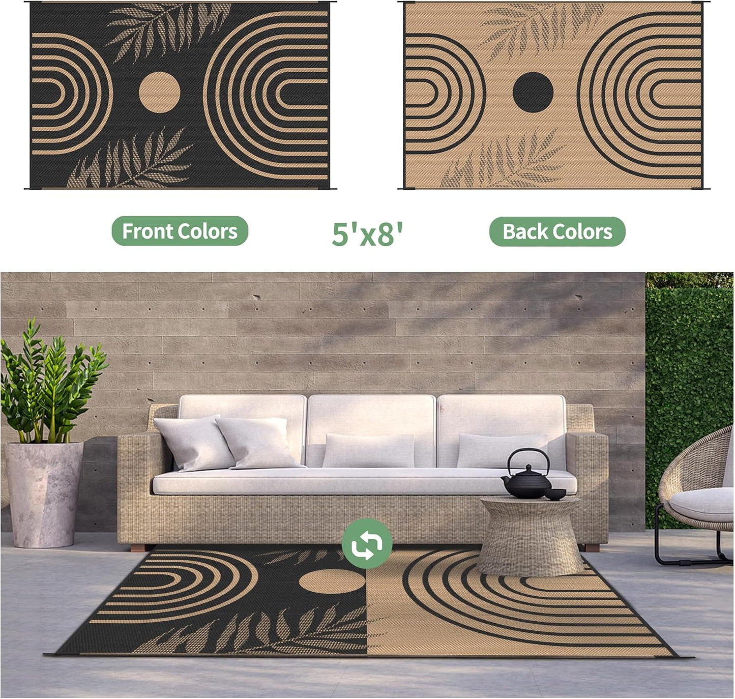 GENIMO Outdoor Rug 5' x 8' Waterproof for Patio Clearance, Reversible Plastic Straw Camping Carpet, Lightweight Rugs Mats for Rv, Backyard, Deck, Porch, Picnic, Balcony, Mix-Black & Brown