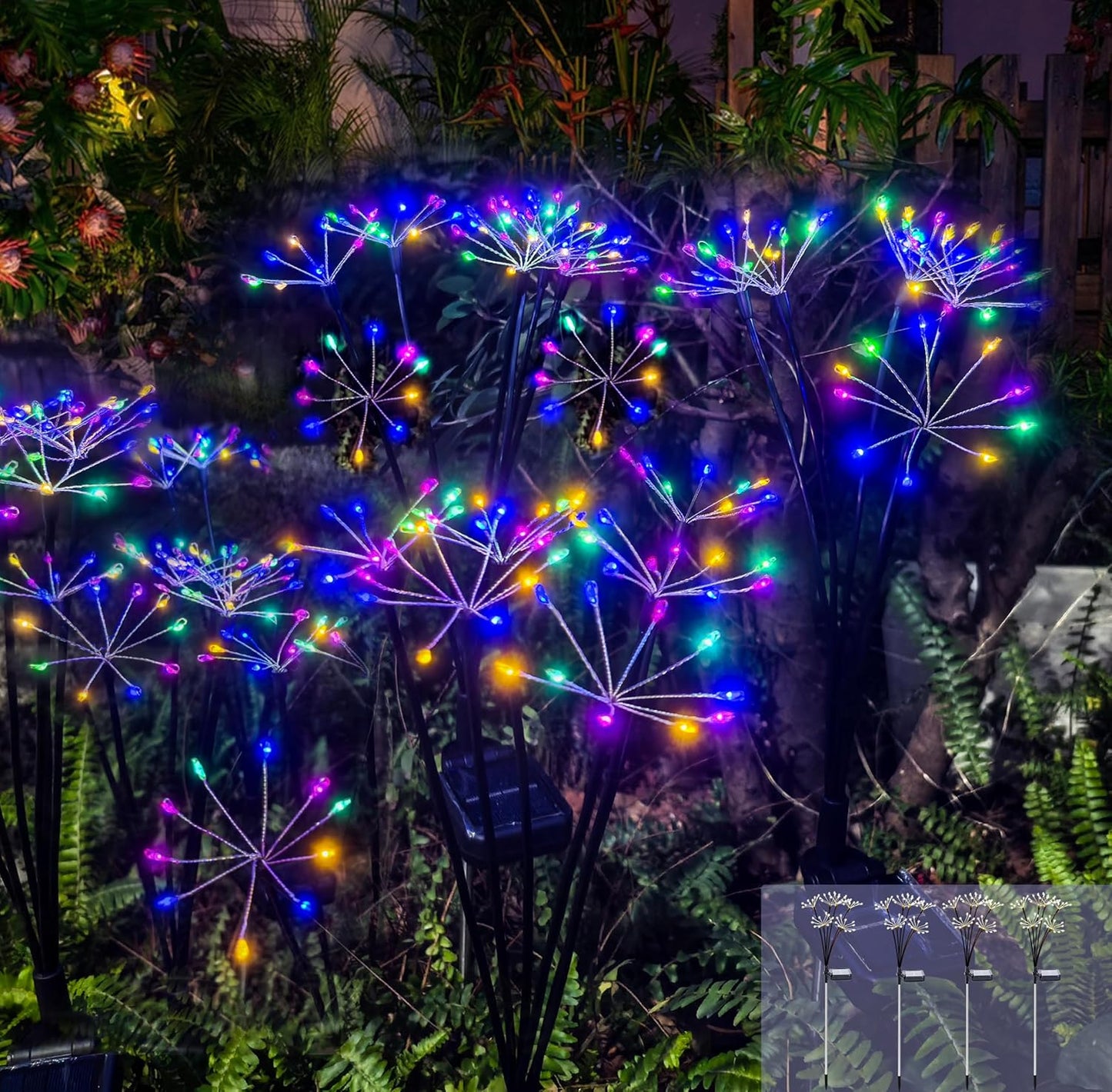 Kwaiffeo 4 Pack Solar-Powered Firework Fairy Lights, Solar Light Outdoor Waterproof Christmas & Garden Decor for Pathway/Patio/Yard - Gardening Gifts for Women (Multicolor)