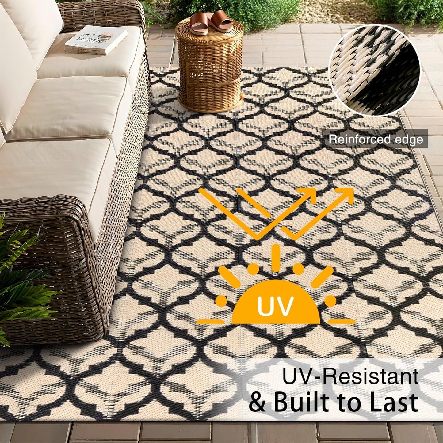 OLANLY Reversible Outdoor Rug 5x8 ft Clearance, Waterproof Outdoor Plastic Straw Rug with Interlacing Pattern, RV Mat for Patio, Camping, Balcony, Deck, Backyard, Black & Beige