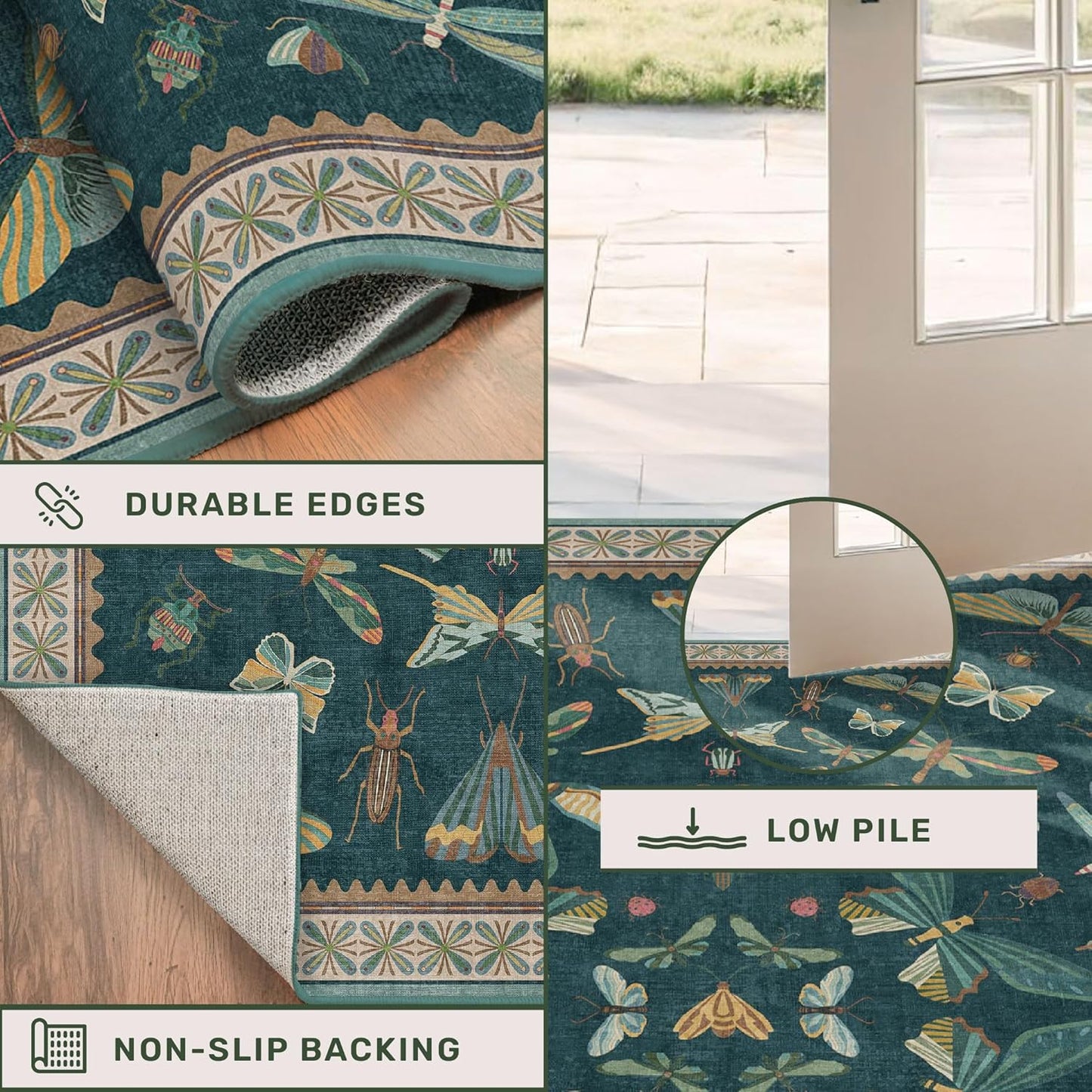 Insect Teal Green 5x7 Area Rug for Living Room - Cottage Core Rug for Bedroom, Dining Room, Kids Playroom, Home Office, Floral Vintage Whimsical Butterfly Washable Non Slip Floor Décor
