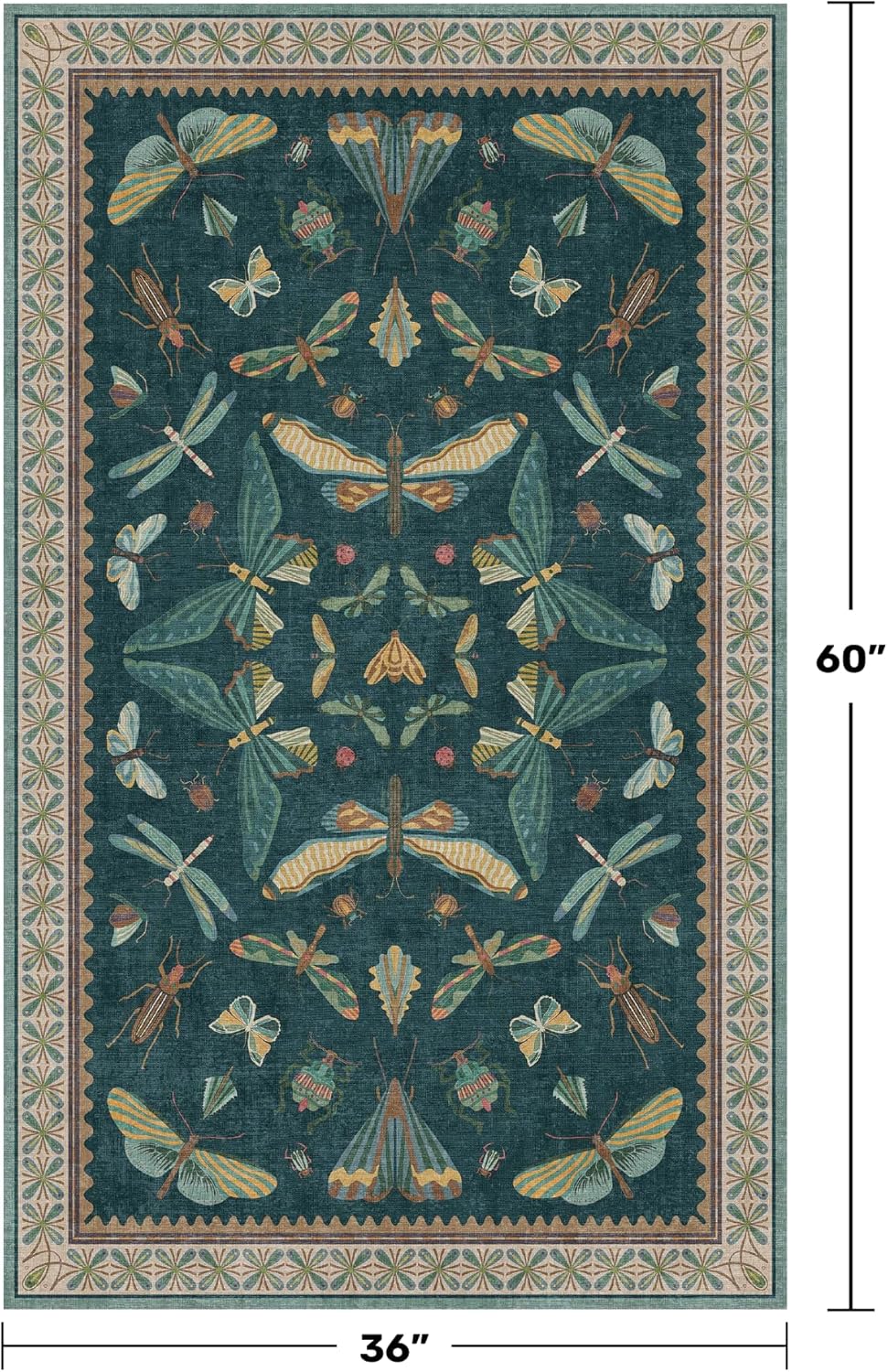 Teal 3x5 Entryway Rug - Door Rug Indoor for Large Kitchen, Living Room, Washable Low Pile Insect Décor