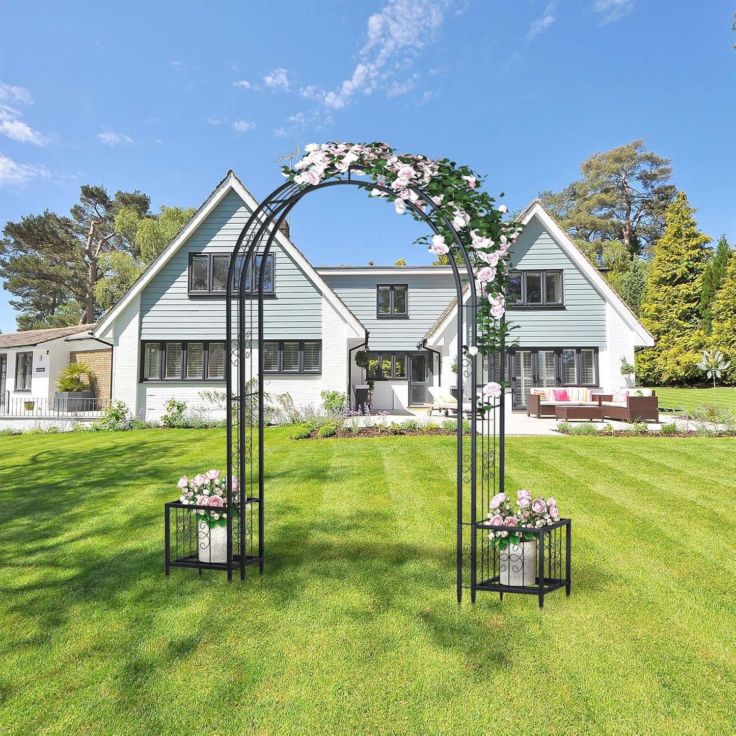 88in Steel Garden Arch Arbor Trellis with Planter Boxes for Climbing Plants Outdoor, Yard, Wide Sturdy Durable Garden Arch for Lawn,Outdoor Wedding Arch(Black)