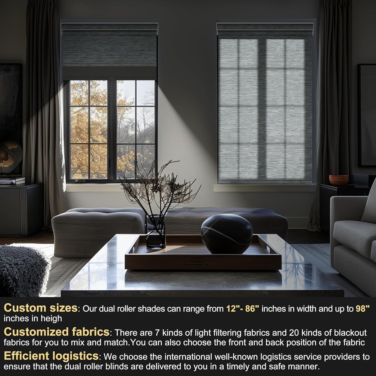 BERISSA Cordless Dual Roller Shades With Cassette Valance, Blackout and Light Filtering, Day and Night for Home Office Door - Striped Jacquard Grey, 50 W x 86" H