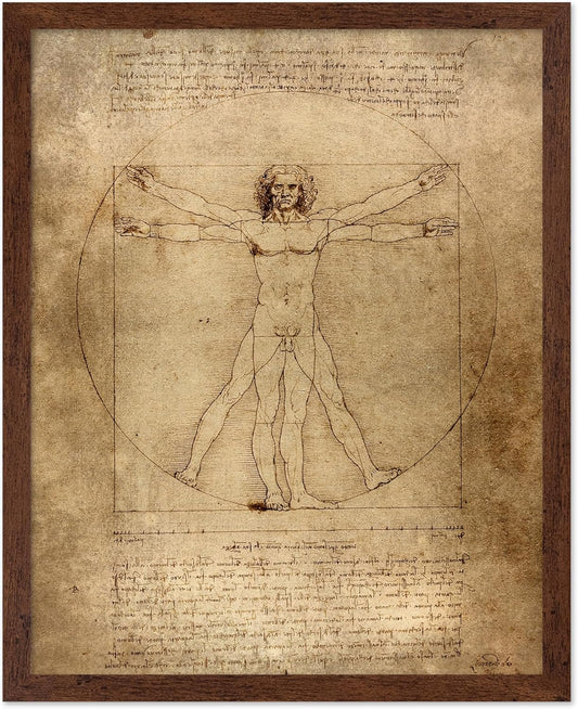 Poster Master Classic Leonardo Da Vinci Poster - Vintage Renaissance Print - Gift for Artist, Friend - Vitruvian Man, Proportion, Symmetry, Human Body - Wall Decor for Office, 8x10 Brown Framed