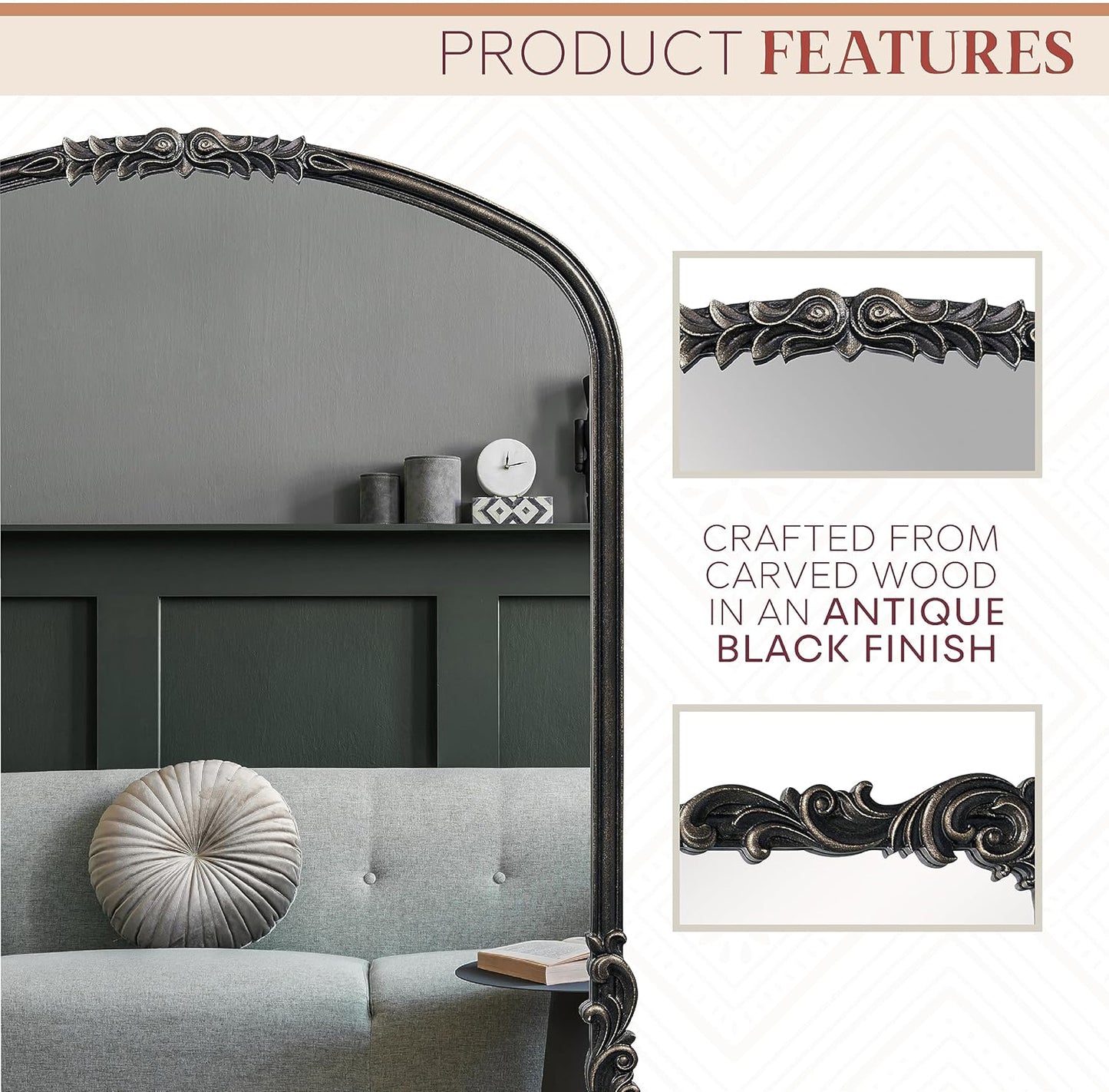 English Estate Carved Arch Wood Wall Mirror, Mirror for Entryway, Living Room, Bathroom, Antique Black, 28.4x35