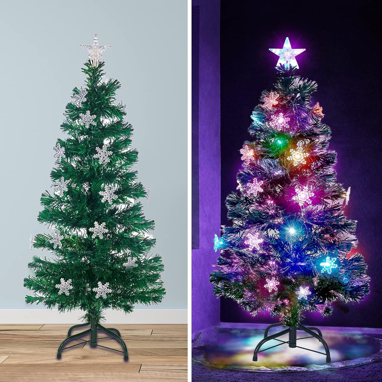 Prsildan 4 FT Artificial Christmas Tree, Pre-Lit Optical Fiber Xmas Trees with Multicolor LED Lights, Snowflakes & Top Star, Lighted Christmas Tree Holiday Home Decor