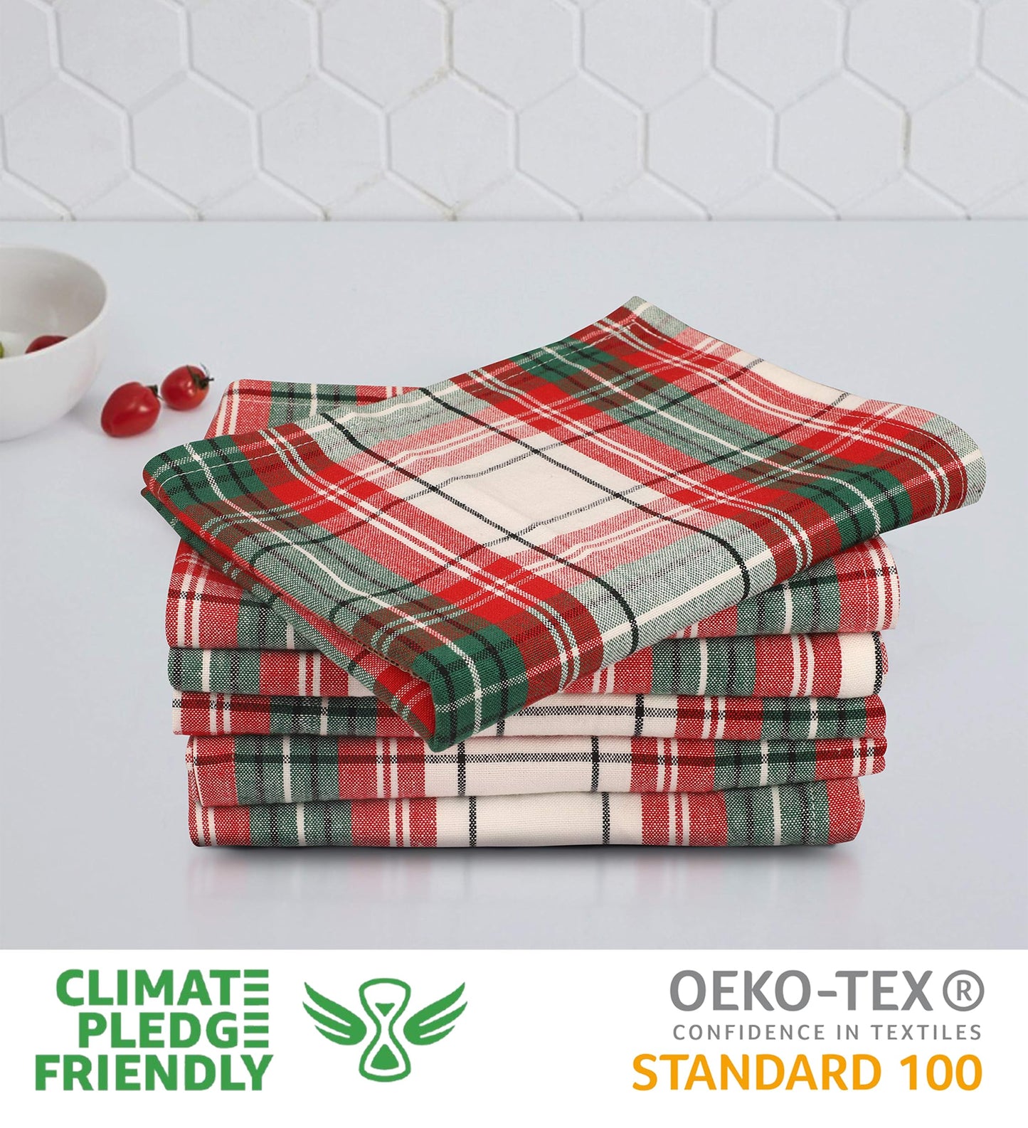 Christmas Check Kitchen Towel Set (6 Pack) – 100% Cotton, Absorbent Dish Cloths with Loop (20"x30")