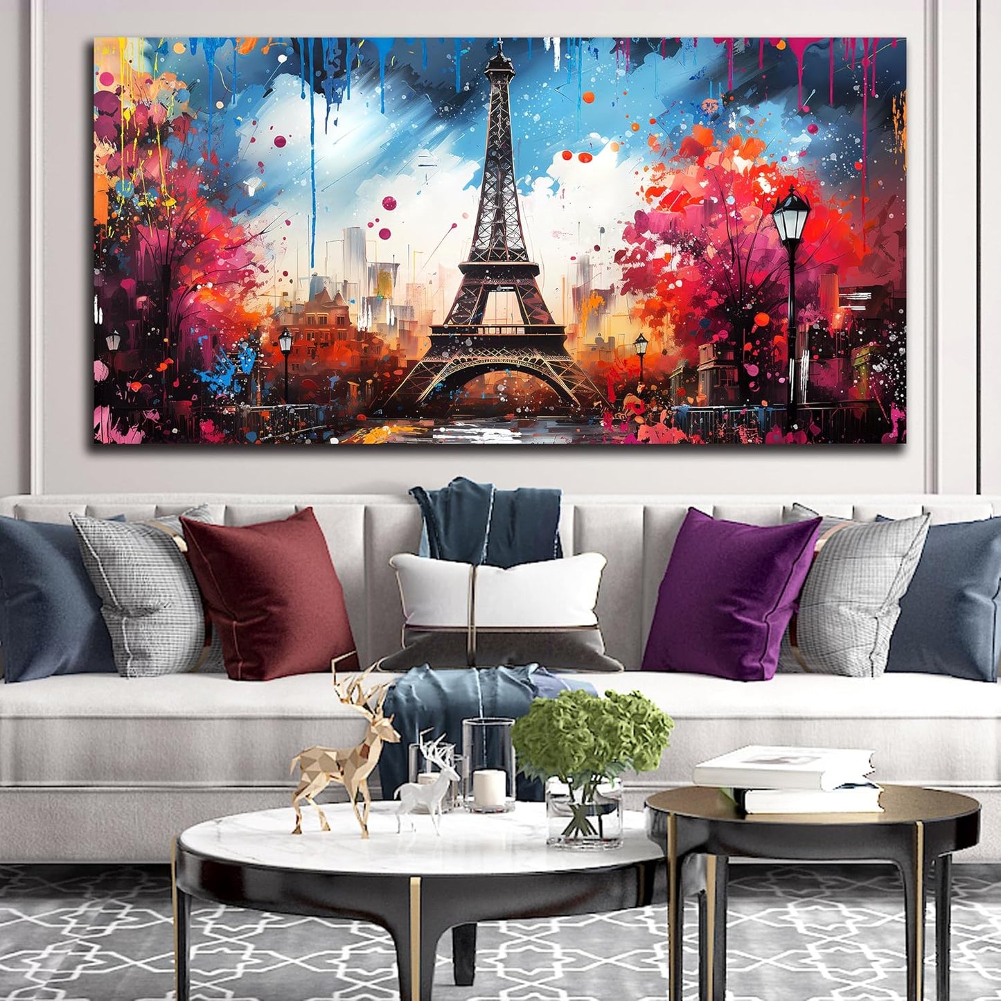 Large Canvas Wall Art Paris Eiffel Tower Decor Modern Graffiti Canvas Prints Ready to Hang for Living Room Bedroom Framed Home Decor Size 30x60