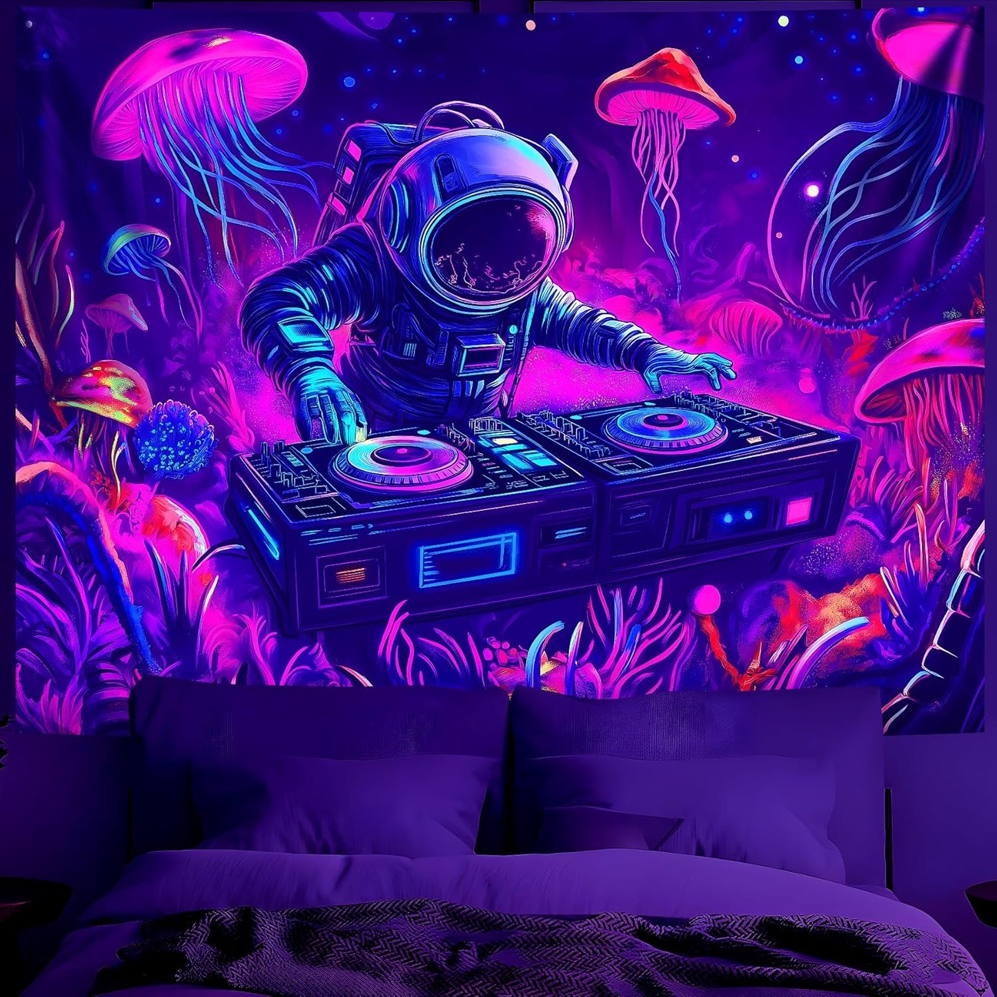 BVBOX Astronaut Space Blacklight Tapestry 79"x59", UV Reactive DJ Astronaut Jellyfish Universe Galaxy Planet Glow in Dark Music Tapestries, Black Light Neon Upright Poster Wall Hanging Backdrop Decor for Bedroom Living Room