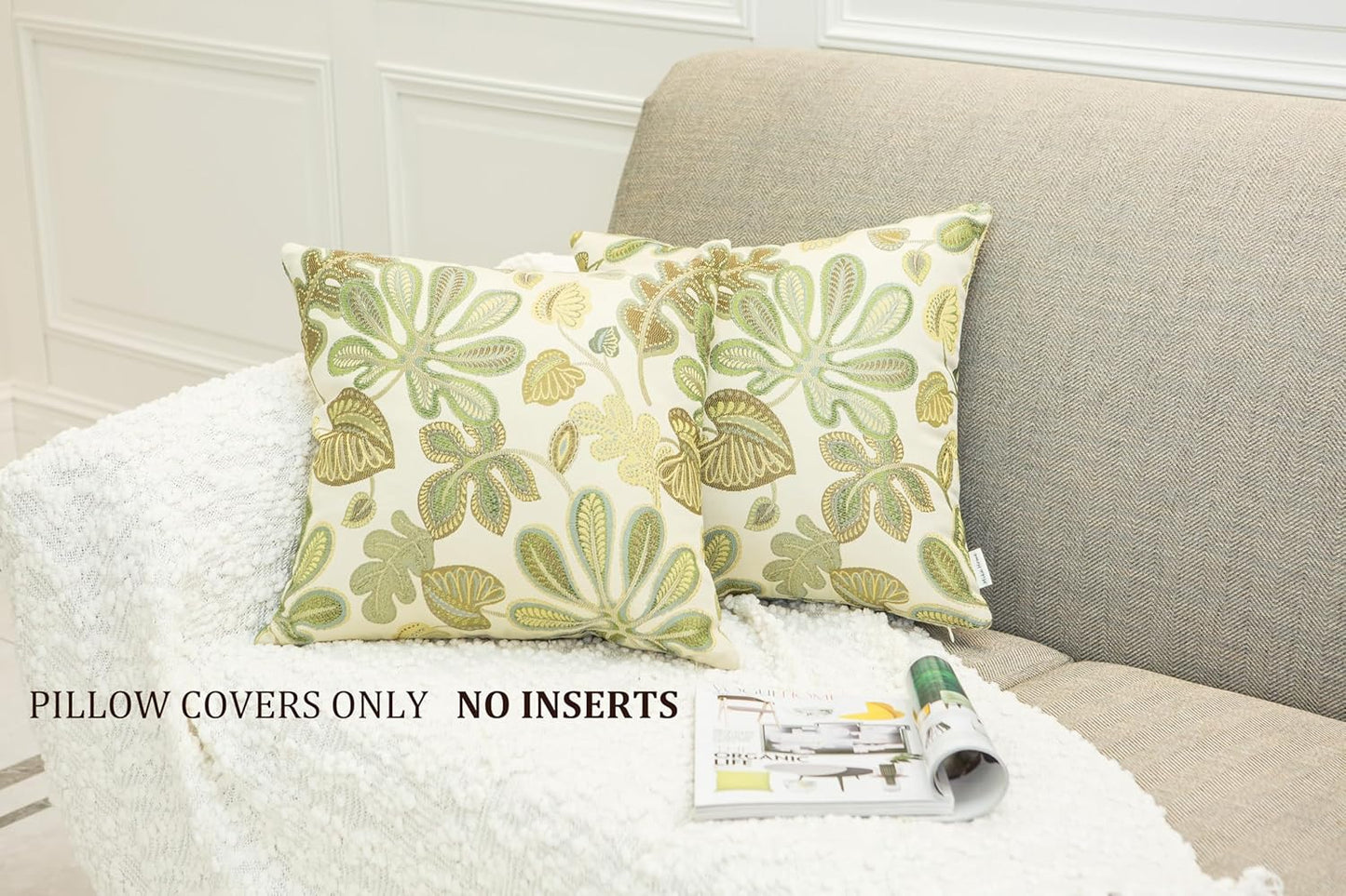 Set of 2 Jacquard Tropical Leaf Pattern Throw Pillow Covers Decorative Pillowcase 22X22 Inches,Green Cream