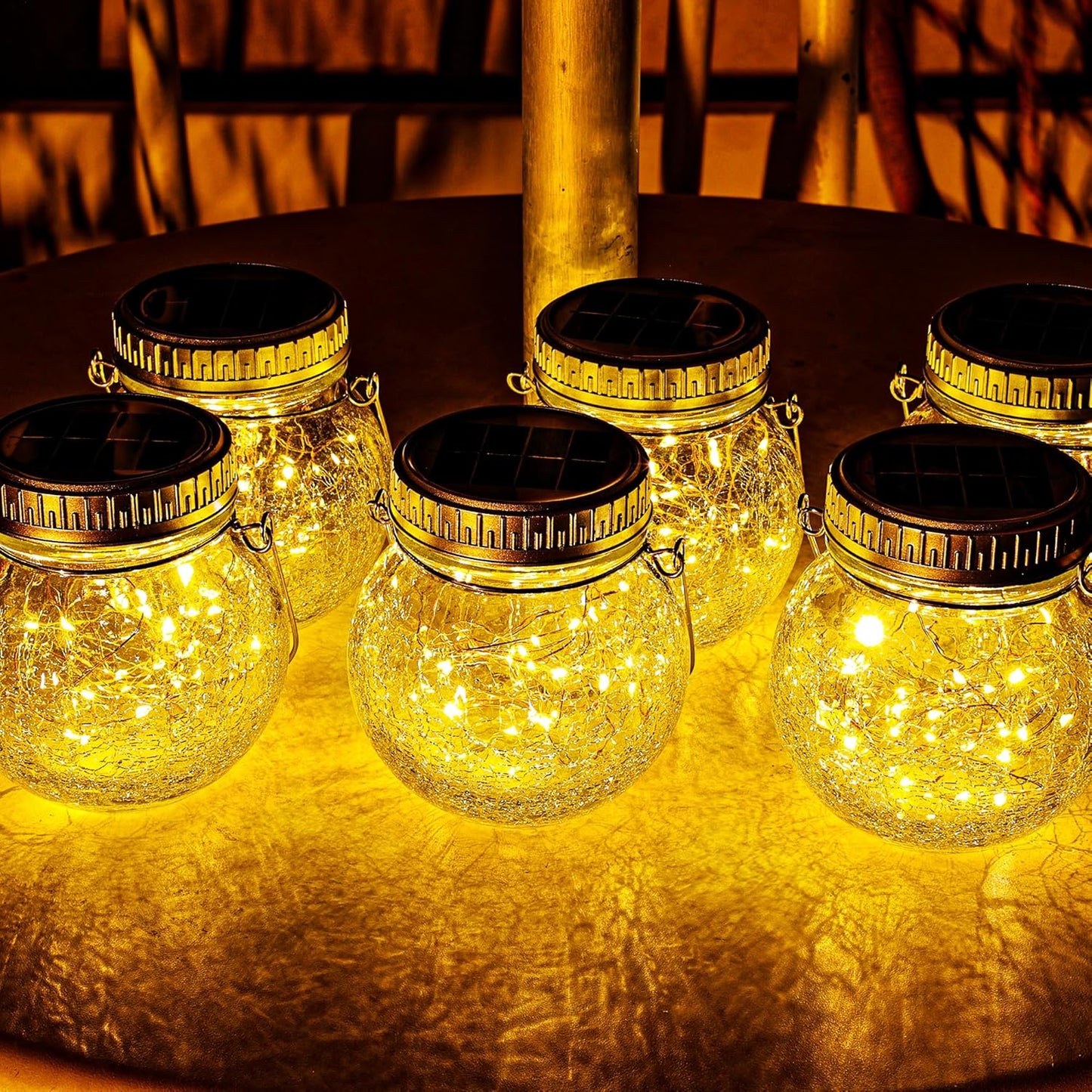 Cooo 2 Pack Crackle Glass Solar Lantern with 30 LED Firefly Lights– Waterproof Outdoor Hanging Lamp 215% Larger Solar Panel, Anti-Rust Lids Decorative Lighting for Garden Patio Table