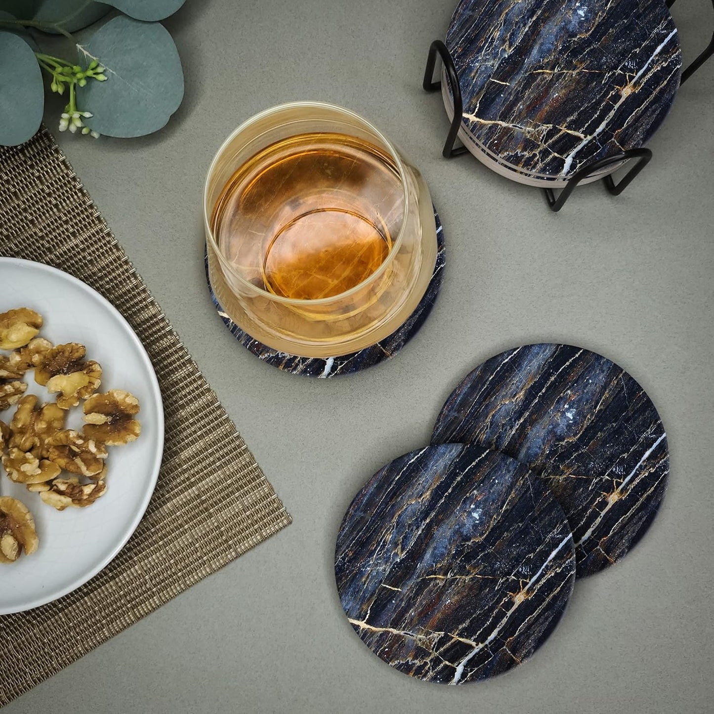 Emerson Coasters for Drinks Absorbent – Natural Stone Drink Coasters Set with Holder, Coasters for Coffee Table, Wooden Tabletop Protection Marble Style – 100% Heavy Duty Set of 6 (Thunder)