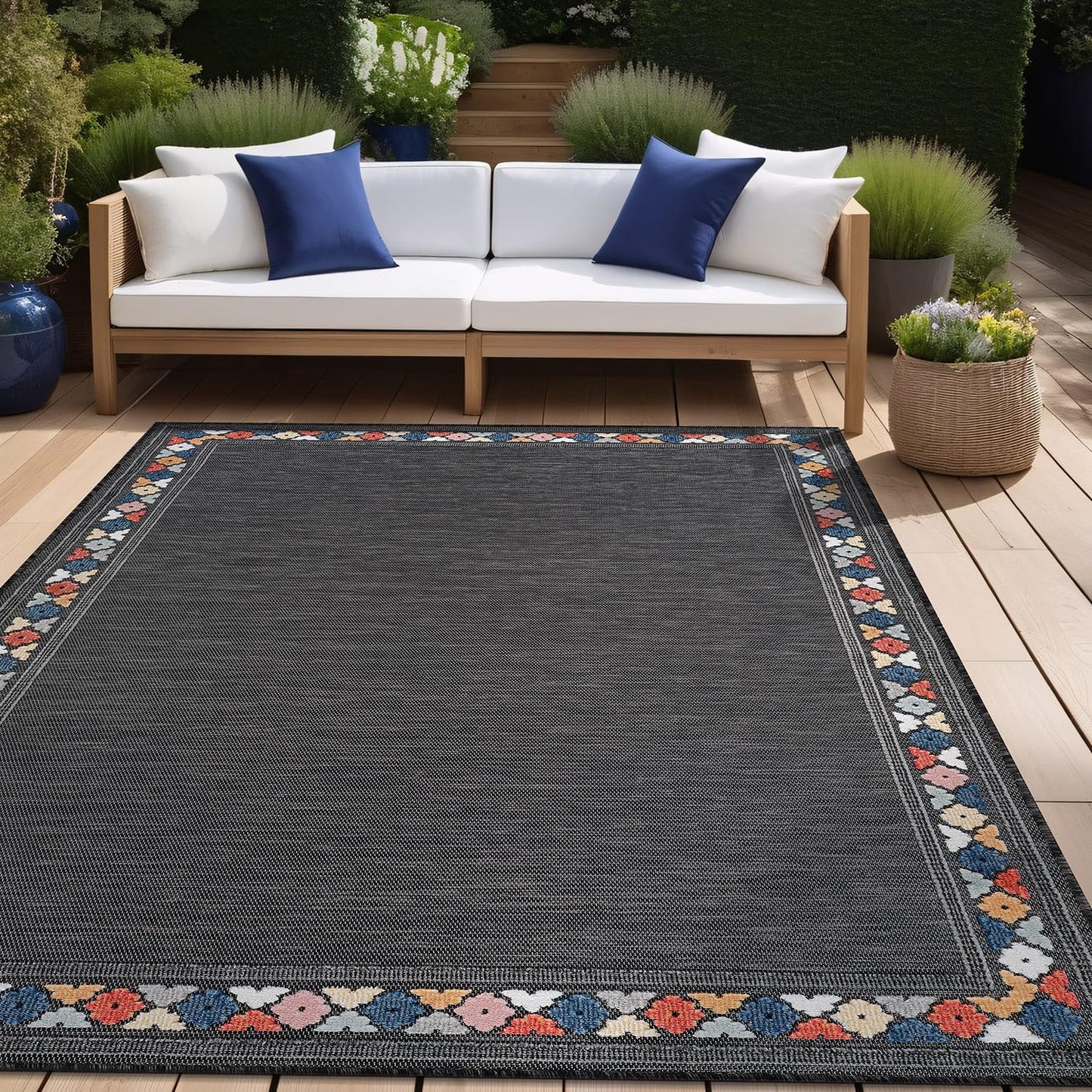 Beverly Rug Outdoor Rug 6x9 Modern Bordered Area Rugs for Indoor and Outdoor Patio Easy to Clean Non Shedding Living Room Porch Garden Washable Outside Carpet (6 x 9 Dark Gray)
