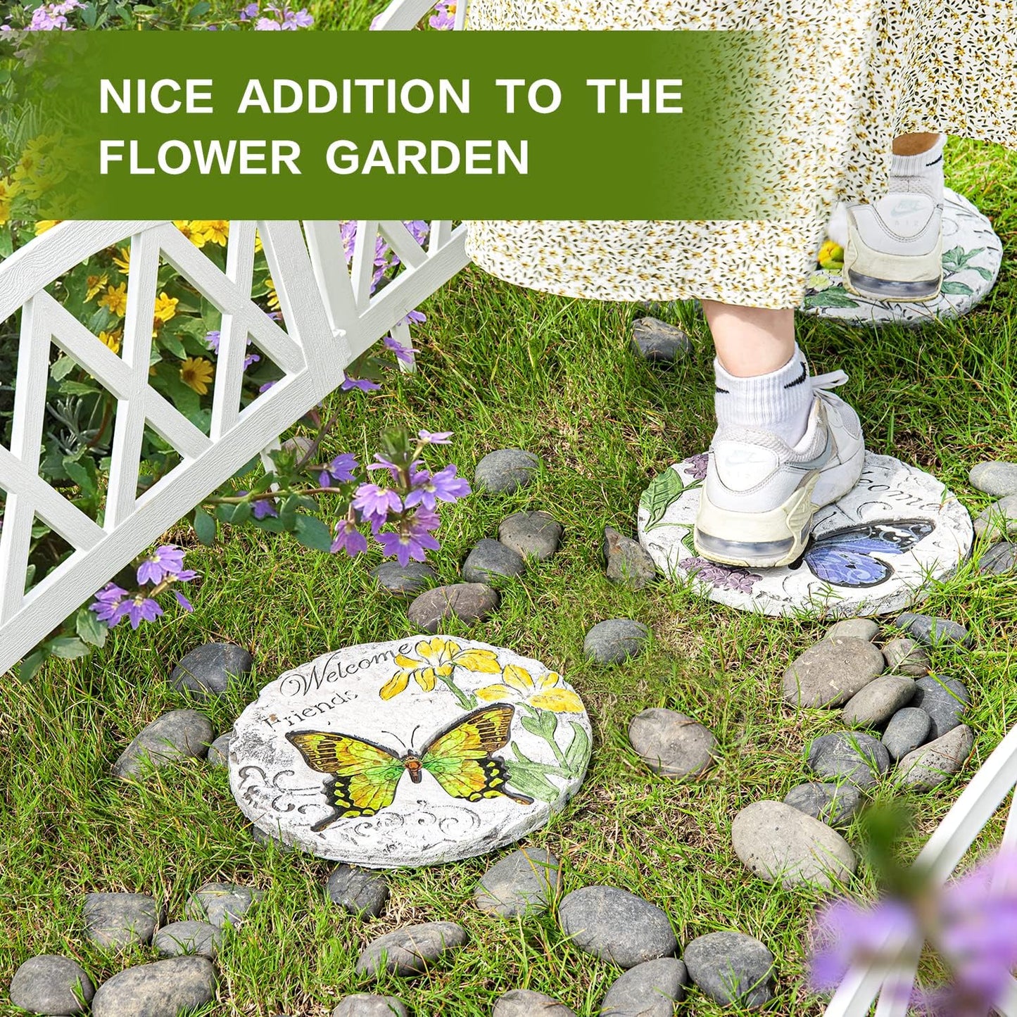 Sungmor 3PC Pretty Garden Stepping Stones, 9.8" Large Concrete Decorative Stones with Beautiful Pattern, Unique Outdoor Lawn Accents, Yard Walkway Flower Bed Wall Shelf Welcome Friends Decorations