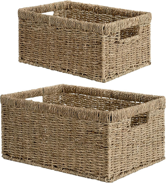 StorageWorks Wicker Storage Baskets, Large and Small Baskets, Handwoven Seagrass Basket for Organizing, Decorative Organizers with Built-in Handles, Set of 2