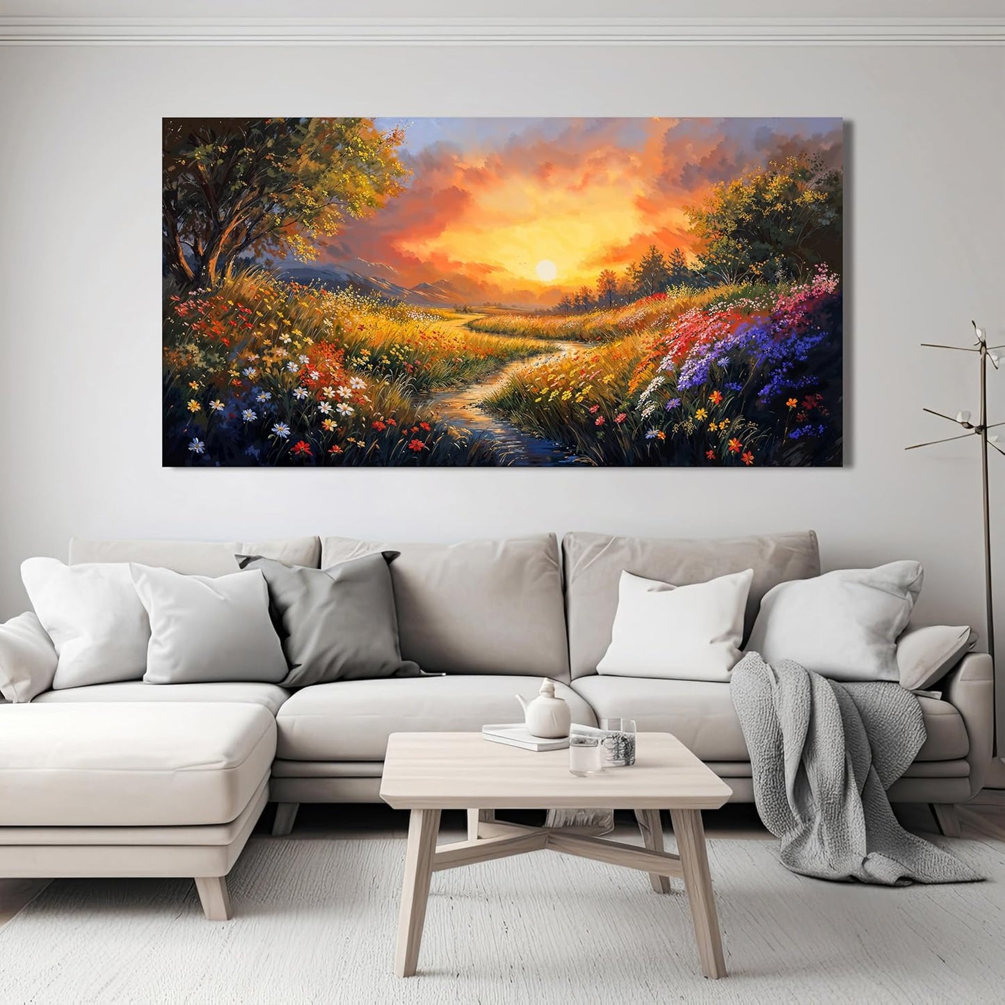Canvas Wall Art Decor Wall Art Pictures for Living Room Large Vintage Landscape Wall Art Prints Canvas Art Wall Decor Wildflower River Artwork for Walls Bedroom Home Aesthetic Wall Art Decor 24" X 48"