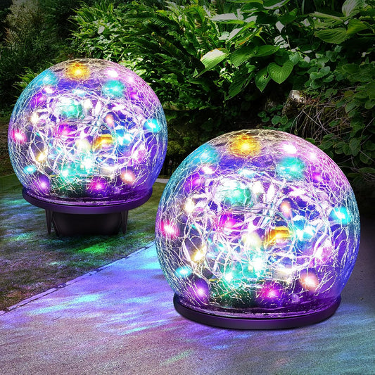 Solar Garden Lights, 2 Pack 80 LED Multicolor Cracked Glass Solar Outdoor Lights Decorative, Upgraded Waterproof Ball Light for Yard Pathway Patio Lawn Christmas Outside Decor, 5.9"