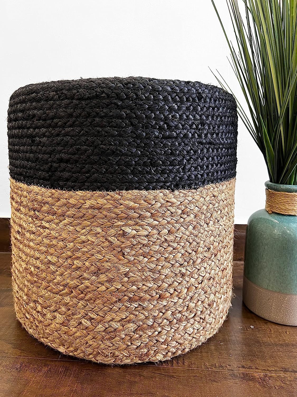 Jute Pouf Ottoman | Footrest Pouf | Hand Braided - Round Boho Pouffe - for Living Room, Bedroom, Nursery (16"x16"x16") Black