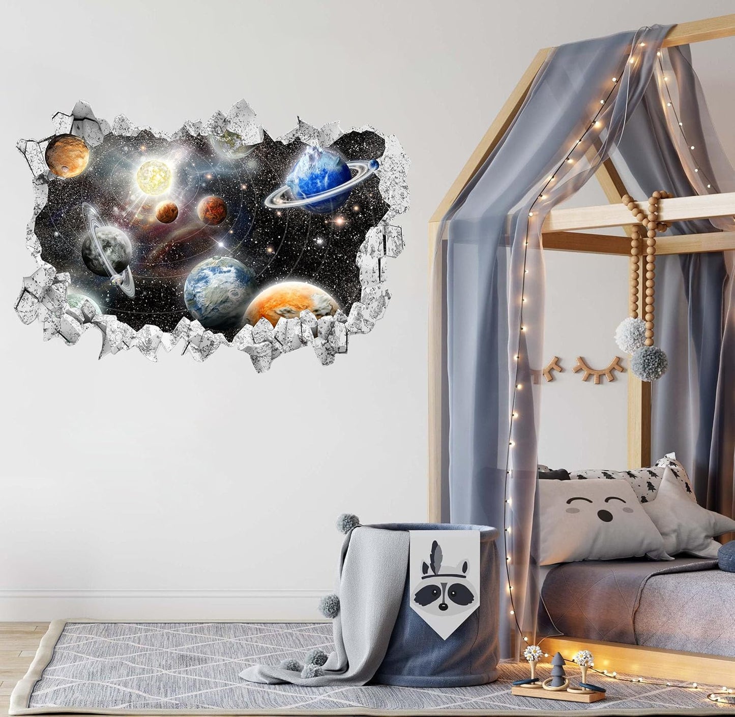 Large 3D Space Galaxy Wall Stickers (33.5”x 23.2”), Solar System Vinyl Wall Decals, Removable Universe Outer Space Planet Wall Art for Kids Bedroom Playroom Decor