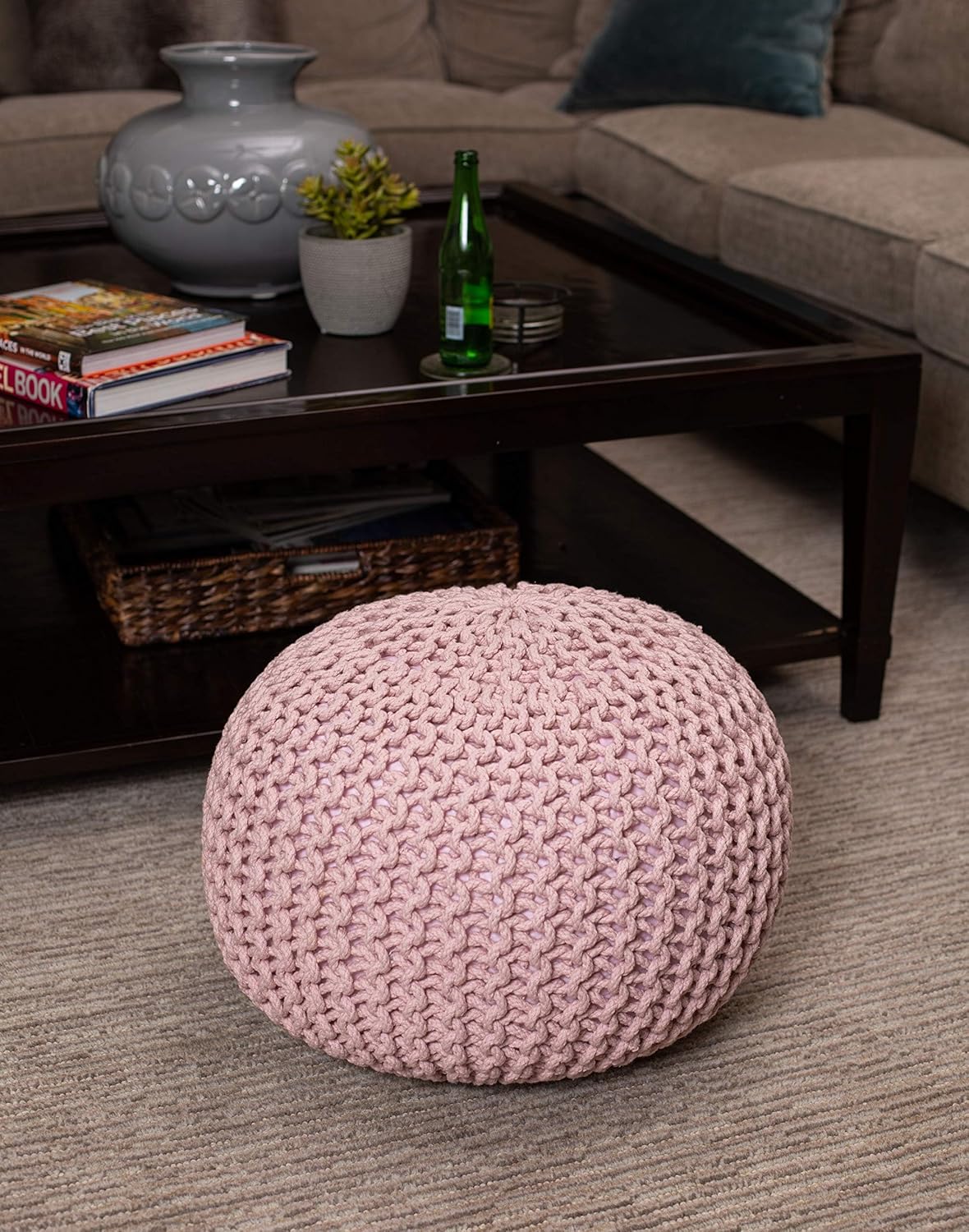 BIRDROCK HOME Round Pouf Ottoman | Cotton Braided Foot Stool with Bean Bag Filling | Boho Foot Rest for Living Room & Bedroom | Compact & Comfortable Seating, Lightweight & Soft | Dusty Rose
