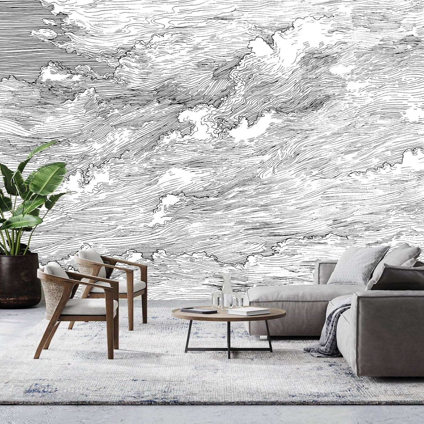 Black and White Cloud Wallpaper Wall Mural for Bedroom Living Room(Not Peel n' Stick)