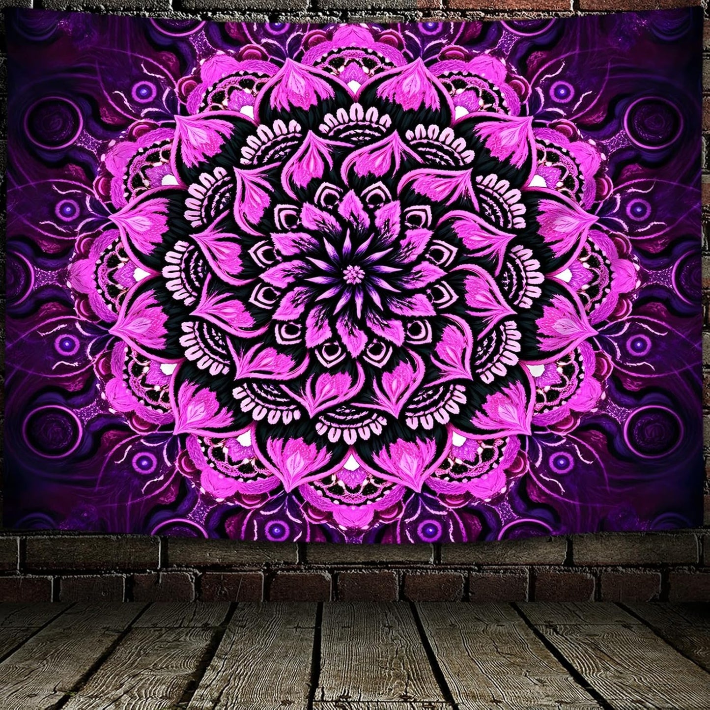 Psyhilar Blacklight Mandala Tapestry Wall Hanging, Psychedelic Flower Black Light Posters for Adults and Teens, UV Reactive Aesthetic Bohemian Art for Bedroom (90 x 70 Inches)