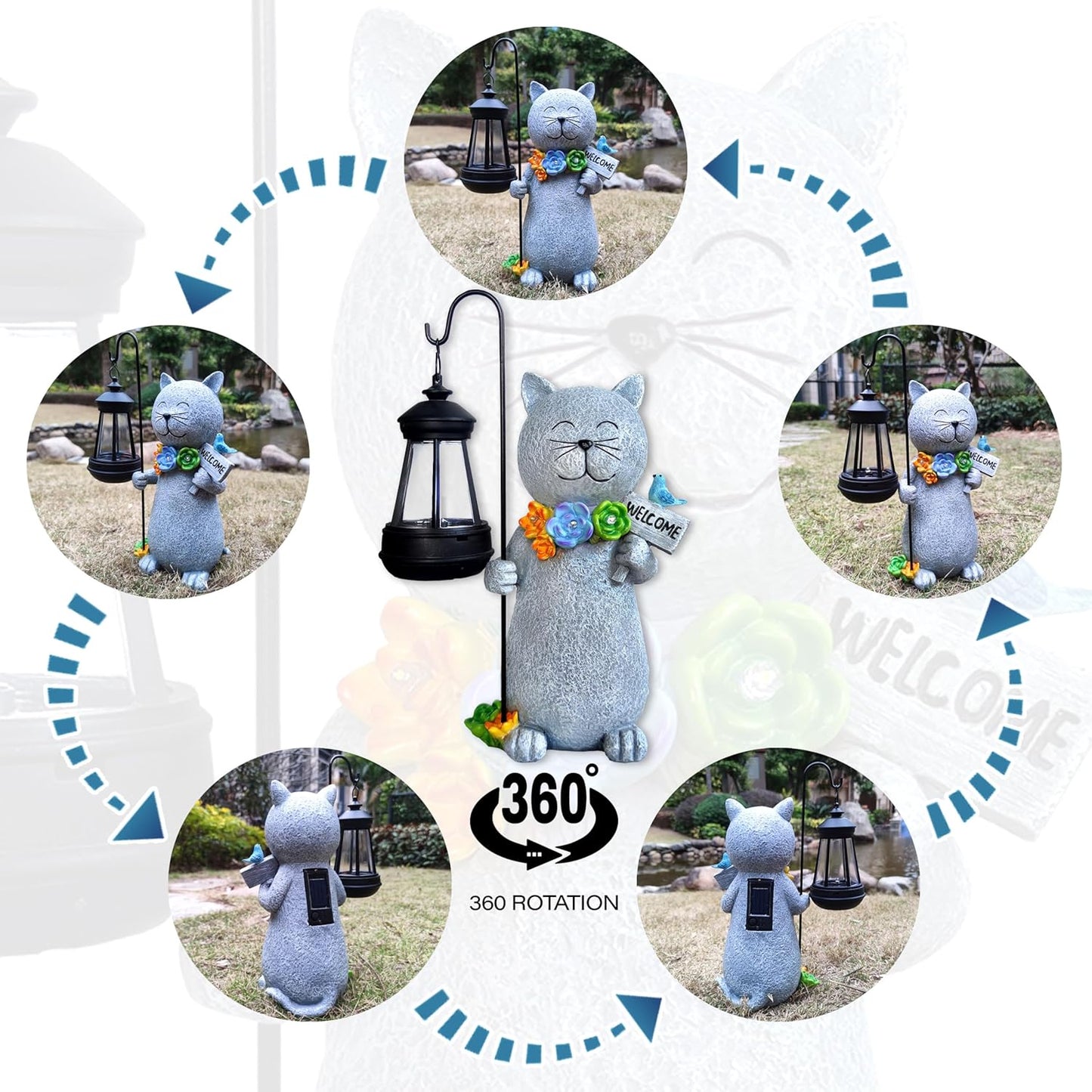 Solar Cat Garden Statues Outdoor Décor with Lantern- Cat Figurines Solar LED Light Lawn Ornaments - Yard Decorations for Patio, Balcony, Backyard -Unique House Warming Gifts for Mom
