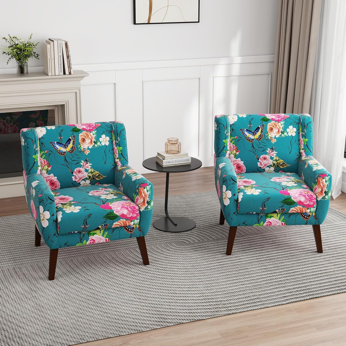 UIXE Floral Accent Chair, Modern Upholstered Armchair in Fabric for Living Room, Comfy Club Arm Chairs Single Sofa Button Tufted Bedroom Reading Seat - Pattern Blue, Set of 2