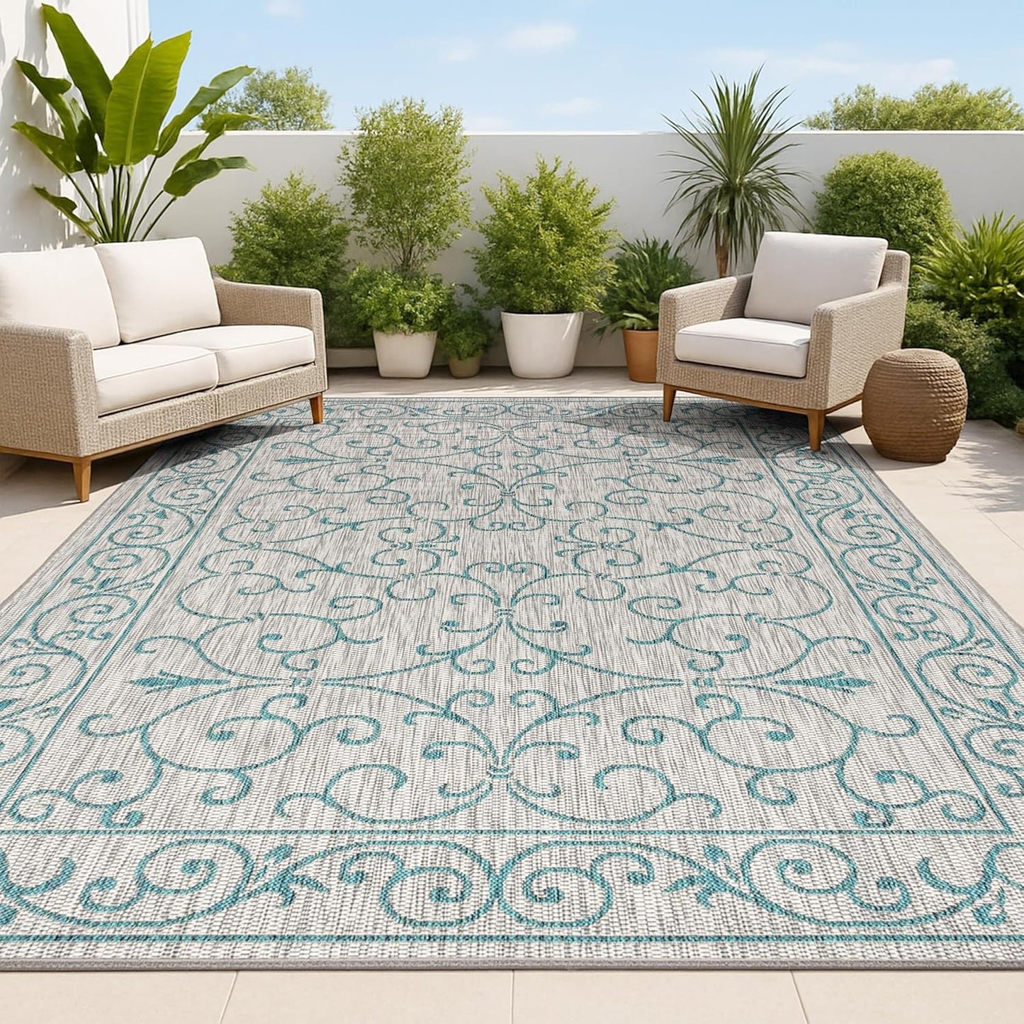 JONATHAN Y Vintage Filigree Indoor Outdoor Area Rug 3X5 Gray/Teal, Charleston Textured Weave for Backyard, Patio, Porch, Easy-Cleaning, High Traffic, Pet-Friendly, Non-Shedding (SMB106E-3)