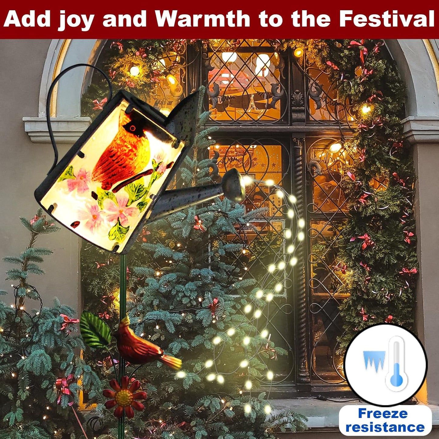 Garden Solar Lights Outdoor, Metal Watering Can Garden Stake Lights Cardinal Bird Decor Glass Art for Walkway, Pathway, Yard, Lawn