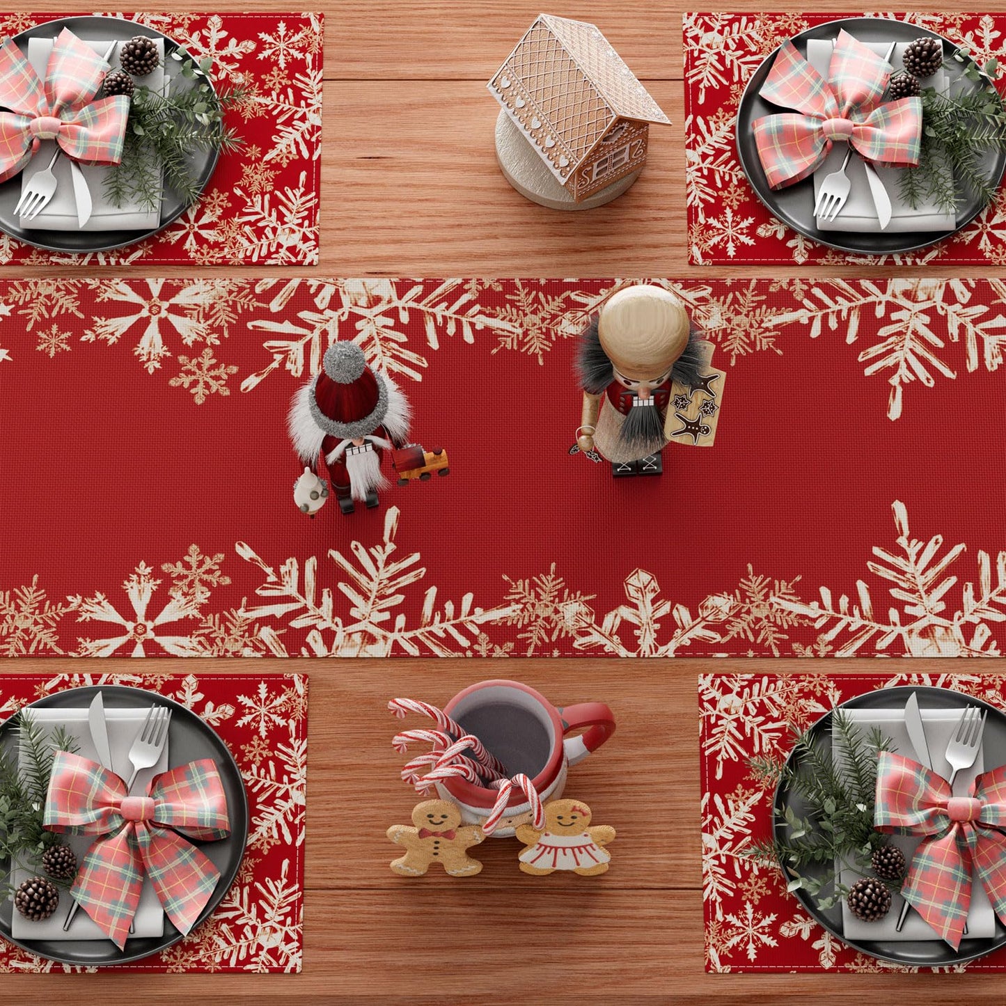 Red Snowflakes Winter Christmas Table Runner - Festive Holiday Dining Decor (Available in 4 Sizes)