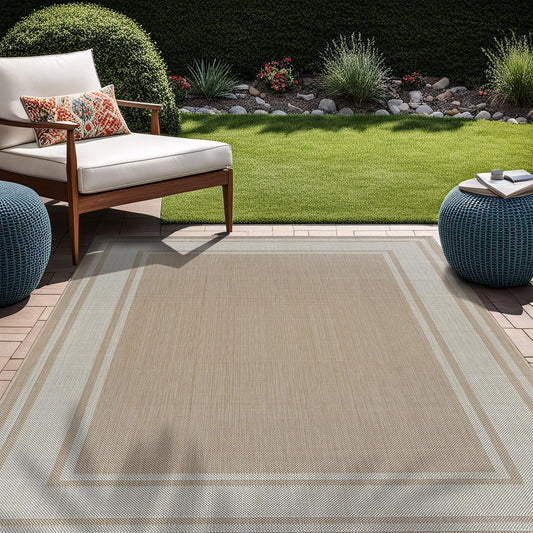 Beverly Rug Large Outdoor Rug 10x14 Modern Bordered Area Rugs for Indoor and Outdoor Patio Deck Porch Garden Waterproof Weather Sun Resistant Washable Outside Carpet (10 x 14 Beige)