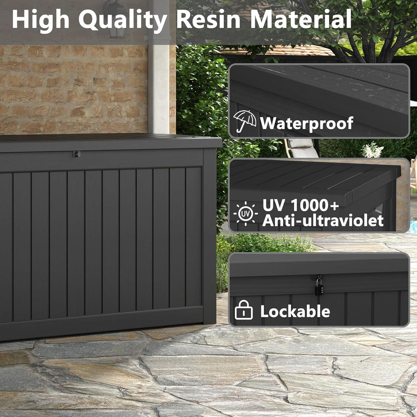 180 Gallon Outdoor Storage Box, Deck Box Resin Waterproof and UV Resistant Lightweight Deck Box for Garden Tools, Pool Supplies Organization