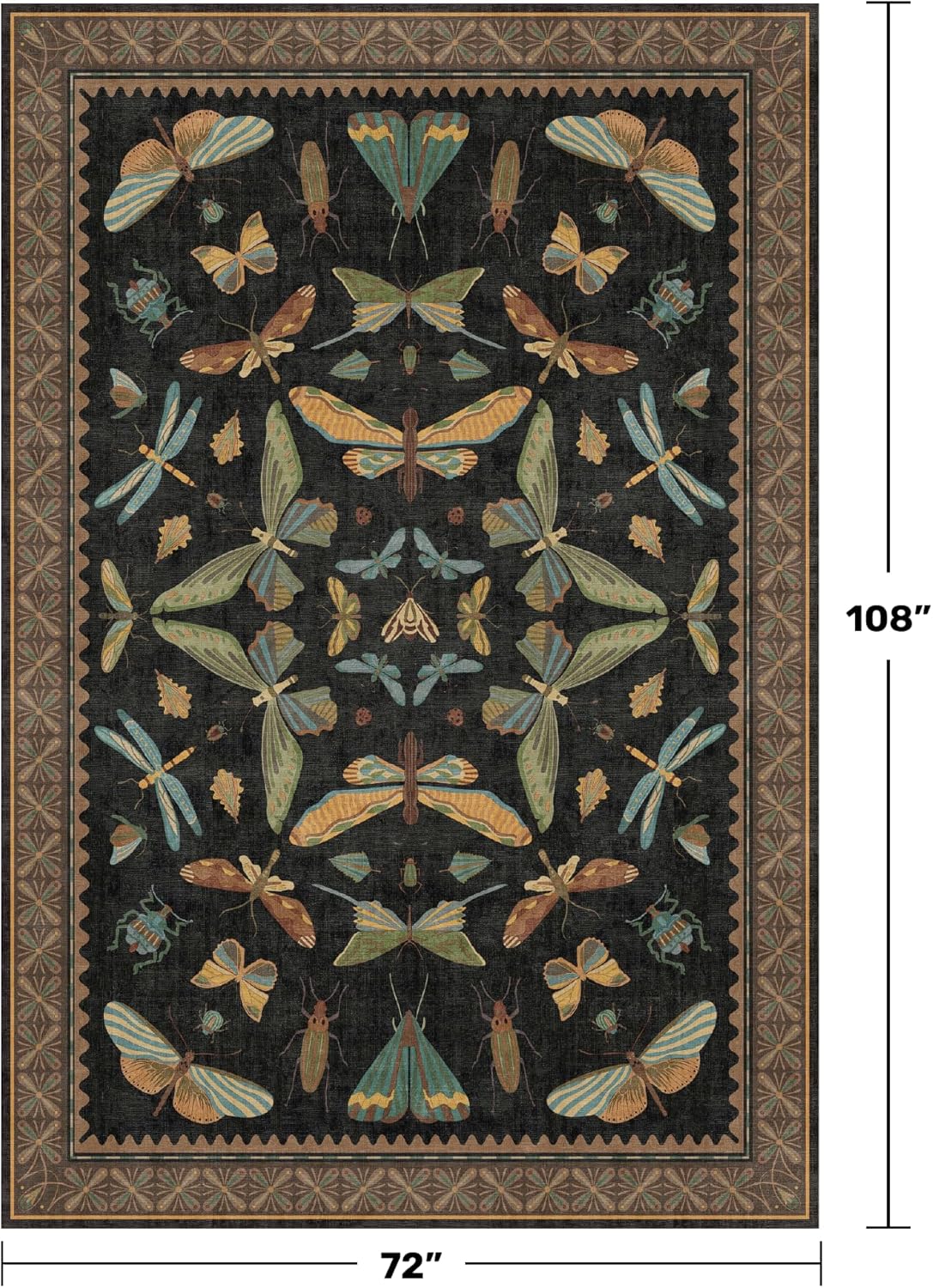 Living Room Rug Black Boho 6x9 - Dining Room Rugs for Under Table, Bedroom, Insect Bug Eclectic Home Décor, Washable Non Slip Foldable
