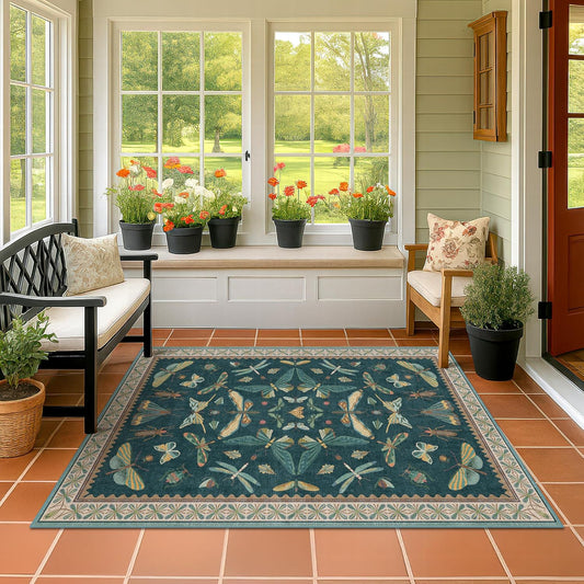 Dark Teal 4x6 Area Rugs for Door Mat Entrance - Vintage Floor Rug for Entryway, Mudroom Kitchen, Floral Forest Insect Print, Washable Low Pile Non-Slip Stain Resistant