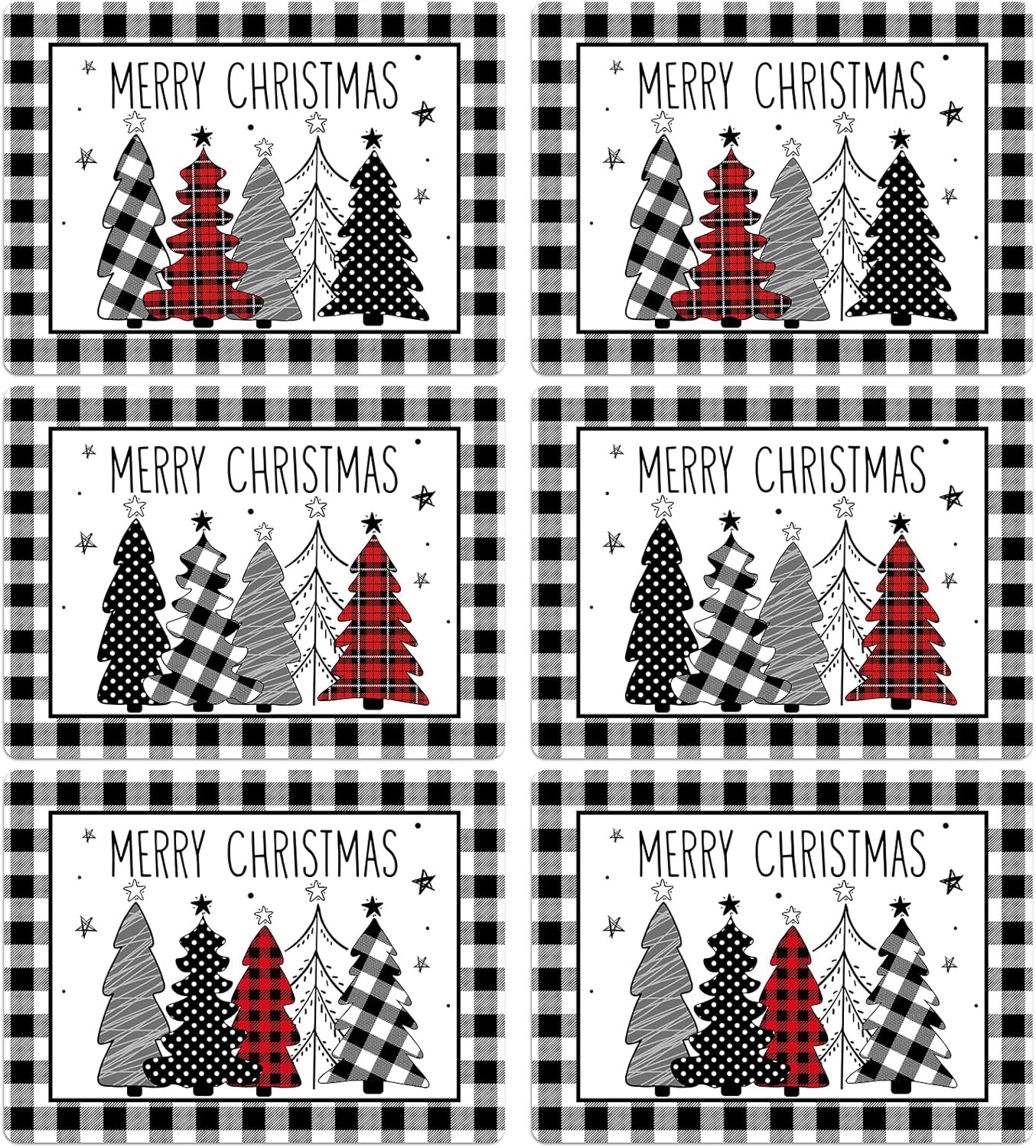 Christmas Placemats Set of 6 Christmas Tree Plastic Table Mats Xmas Trees Black and White Buffalo Plaid Place Mats Winter Holiday Table Decoration for Indoor Outdoor Party Kitchen Dining