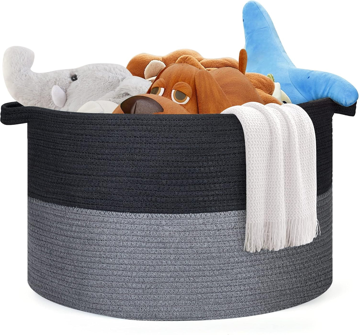 Ravinte Blanket Basket - 20"x 20"x 13" Cotton Rope Basket for Living Room, Baby Toy Storage Basket, Large Woven Laundry Basket (Black-Gray)