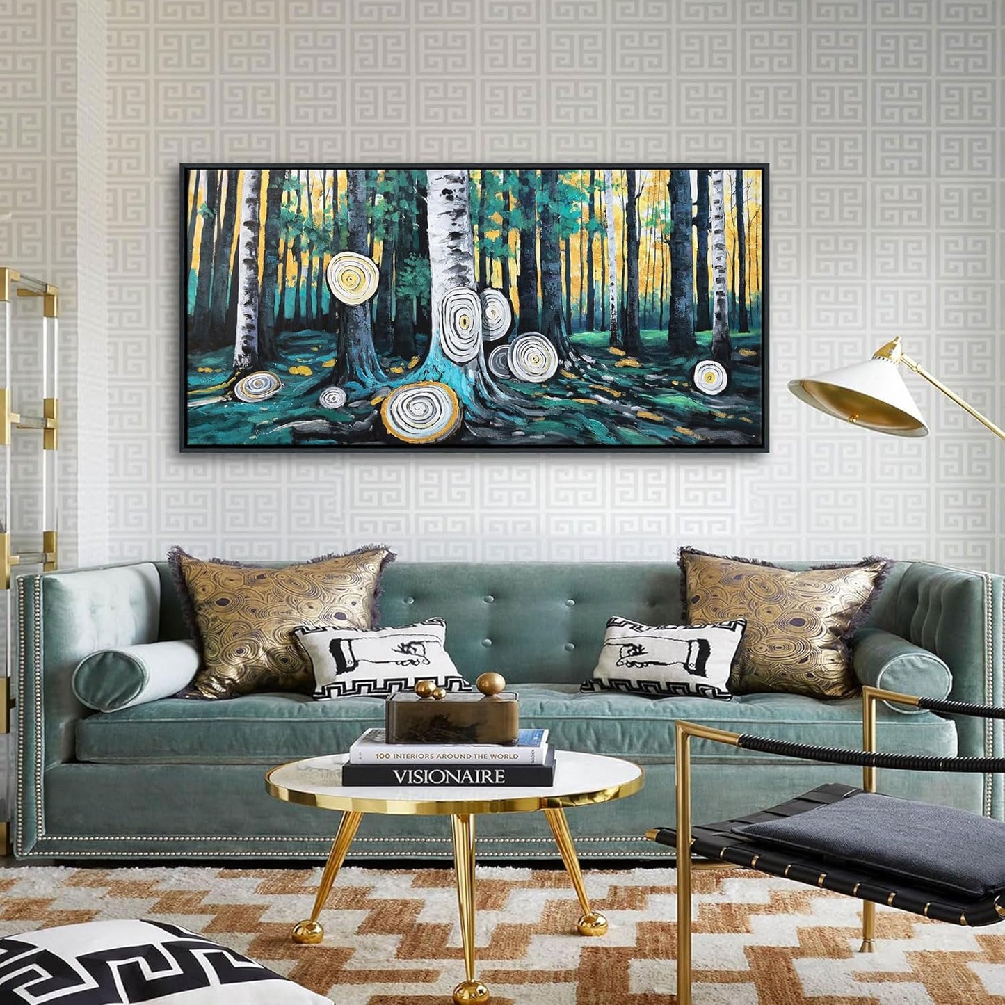 QZQCBLC Large Canvas Wall Art - Gray Green Yellow Forest Paintings Artwork Abstract Tree Ring Landscape Pictures for Living room Bedroom kitchen Home Office Decor 24"X48"