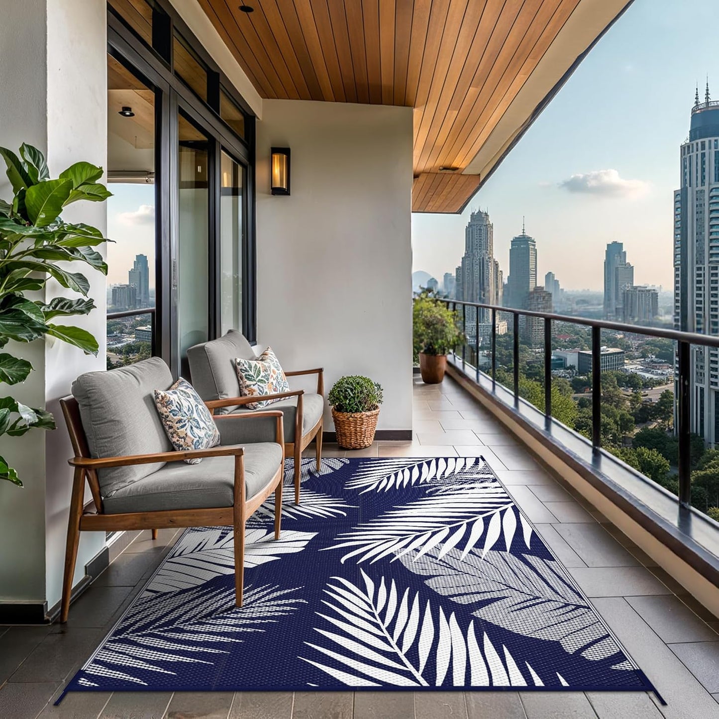 GENIMO Outdoor Rug 6' x 9' Waterproof for Patios Clearance, Reversible Outdoor Plastic Straw Camping Rug Carpet, Large Area Rugs Mats for RV, Camper, Deck, Balcony, Porch, Beach, Navy Blue&White