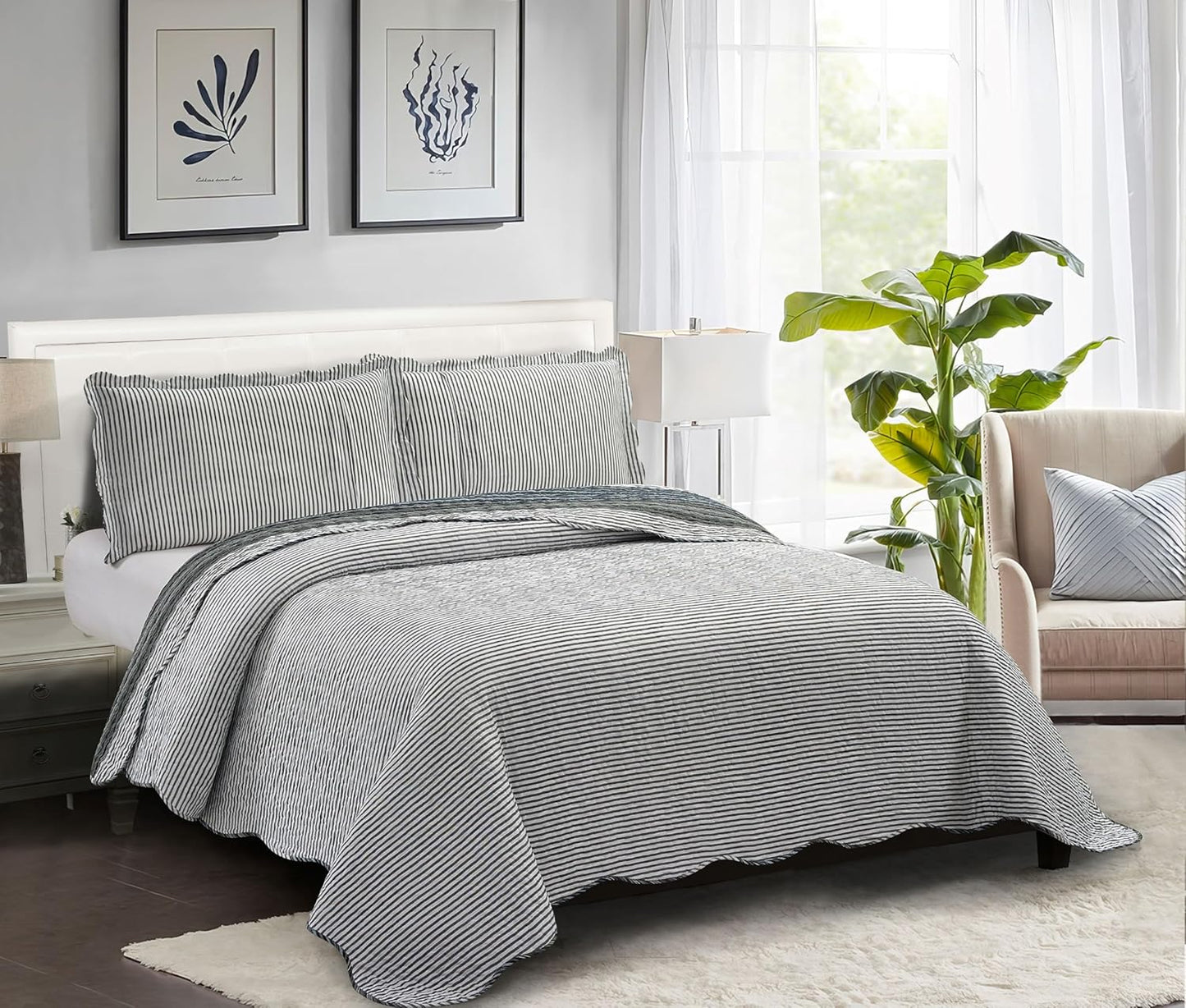 Brilliant Sunshine Multi Grey Stripes Patchwork, 3-Piece Quilt Set with 2 Shams, Reversible Bedspread, Soft Lightweight Coverlet, All-Season, King, Multi Grey