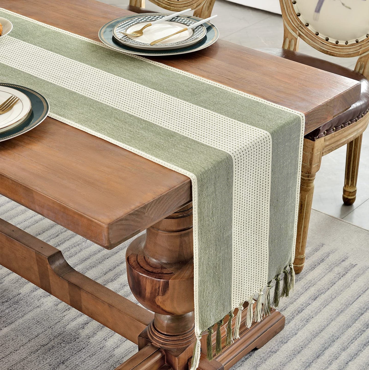 Wracra Farmhouse Macrame Linen Table Runner for Dining, Wedding, & Dresser Decor – Sage Green – Available in 6 Sizes!