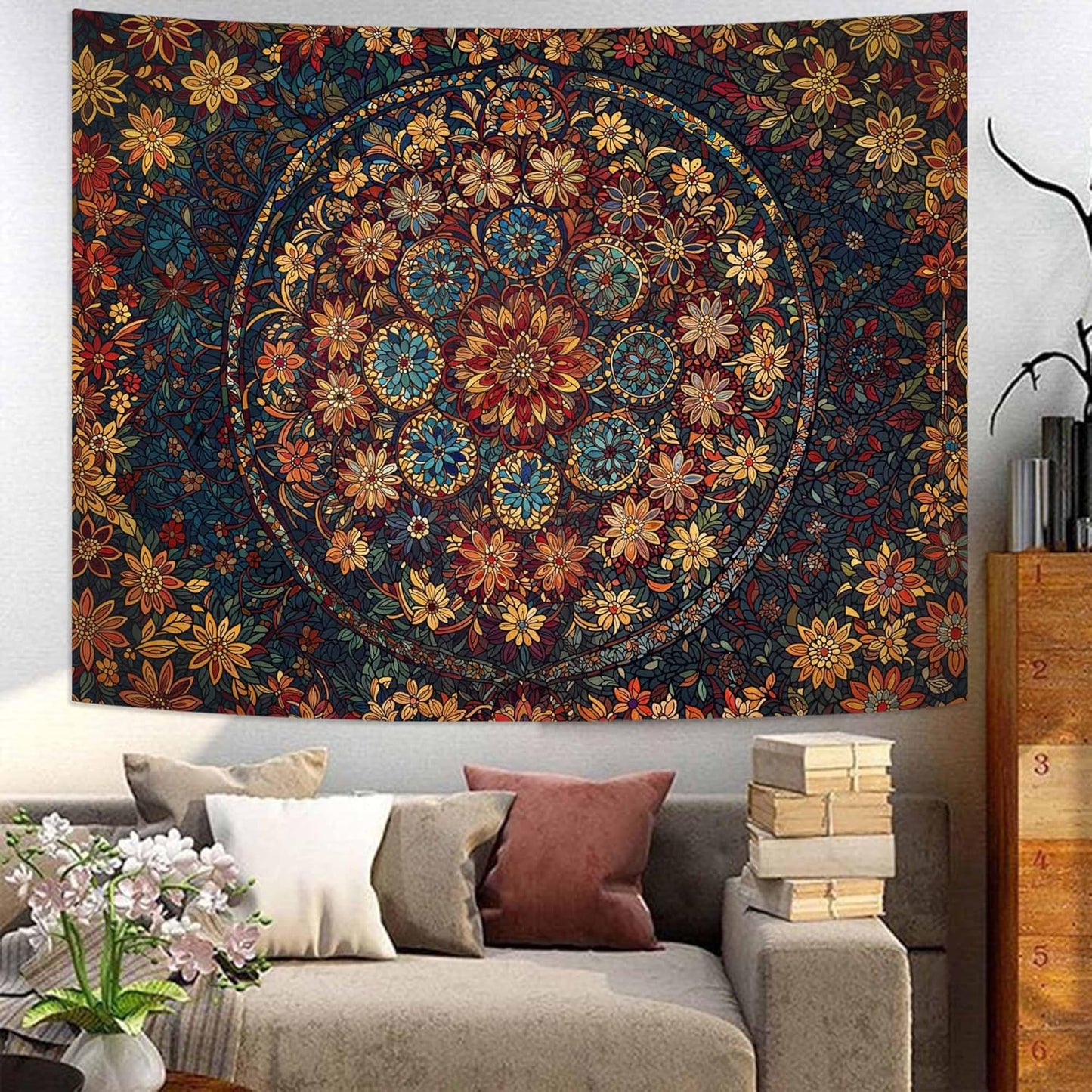 Fowocu Boho Floral Mandala Tapestry Wall Hanging Vintage Bohemian Flower Medallion Tapestry Aesthetic Orange Stained Glass Hippie Tapestries for Bedroom Living Room Dorm Decor 60 x 44 Inch