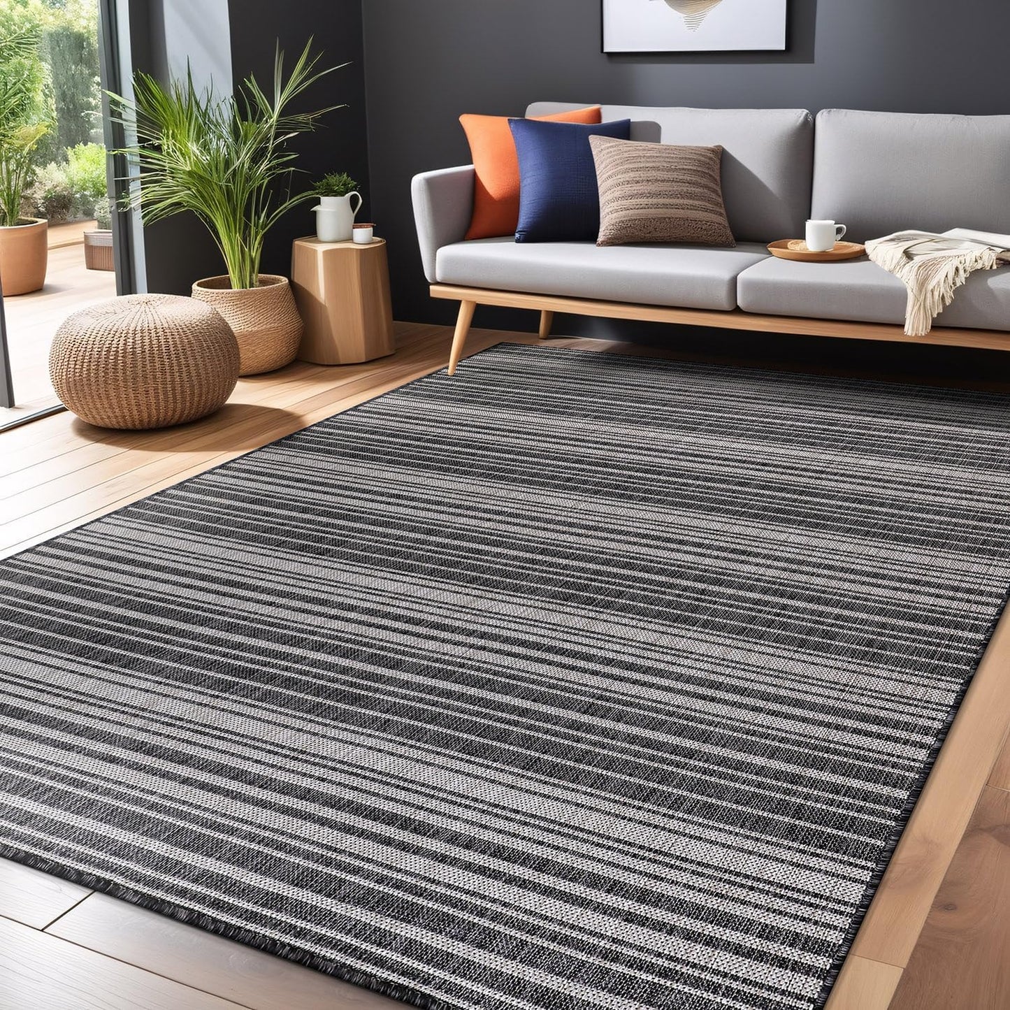 Stripe Outdoor Rug 10x14 Washable Outside Carpet for Indoor Patio Porch Waterproof Easy Cleaning Non Shedding Area Rugs Dark Gray 10 x 14
